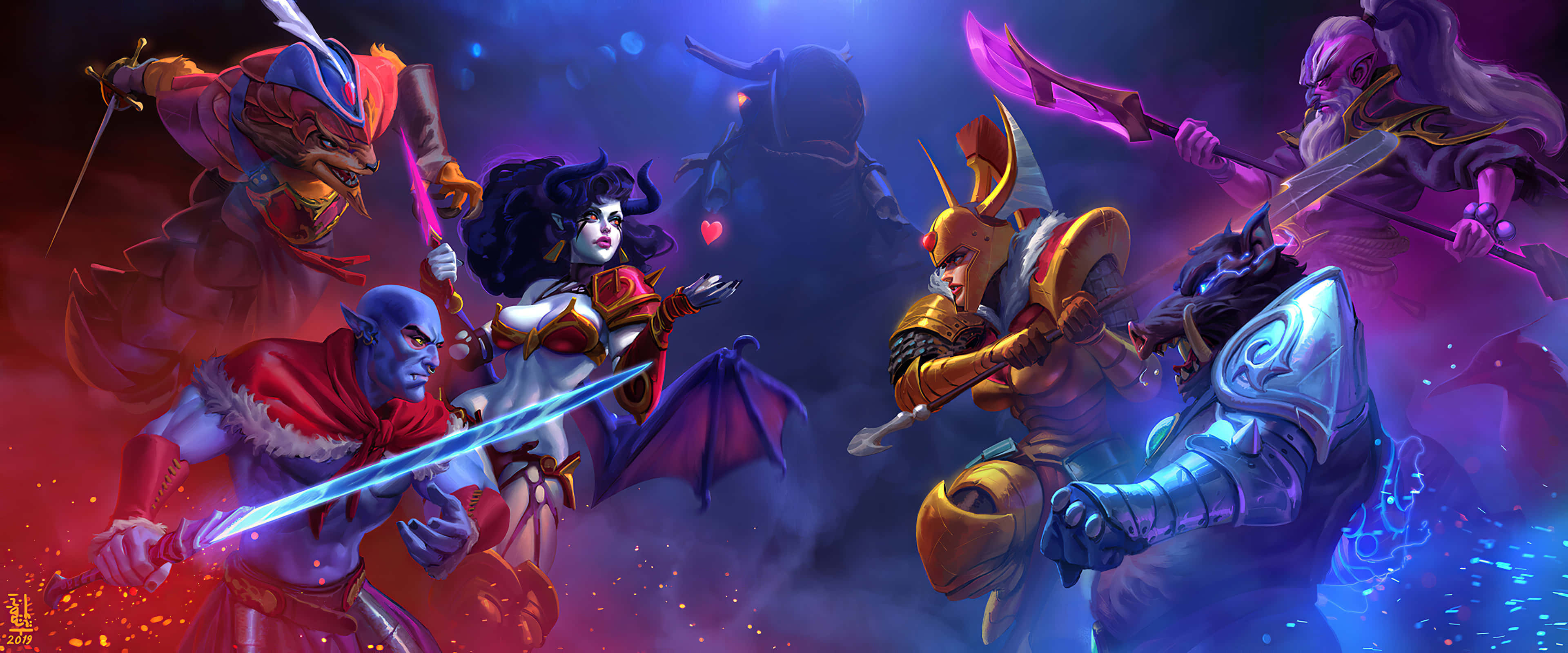 4K Dota 2 背景 - 守護者之路 壁紙 — 奇幻戰士在充滿活力的戰鬥場景中碰撞，武器發光，燈光戲劇化。