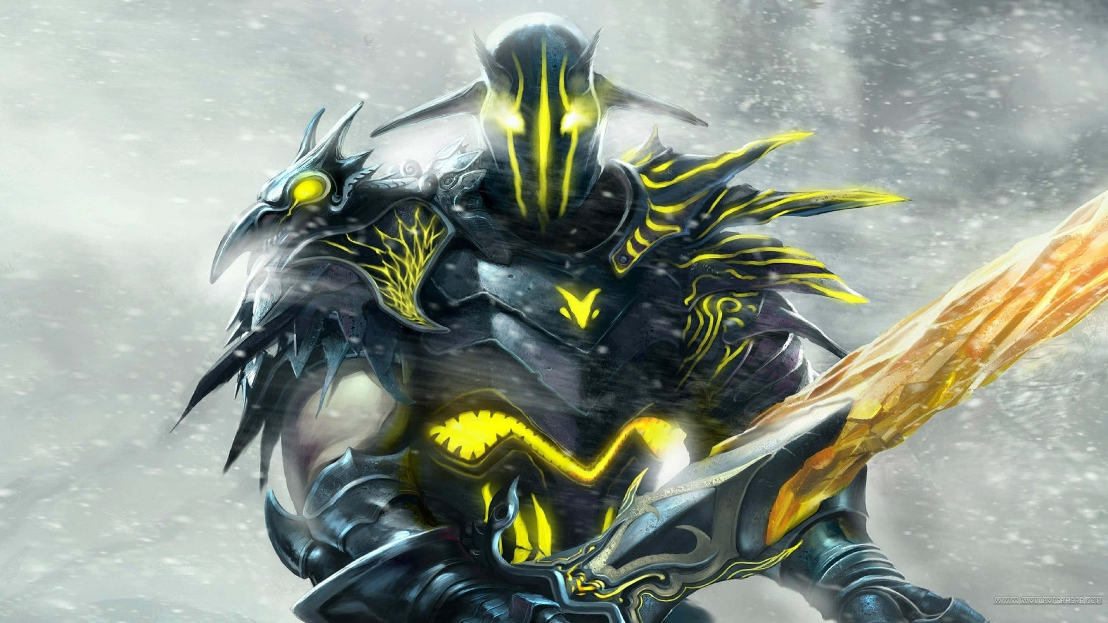 4K Dota 2 背景：斯文騎士 壁紙 — 一名身穿華麗盔甲、眼睛發出黃光的黑暗裝甲戰士，在雪景背景下揮舞著一把火焰劍。