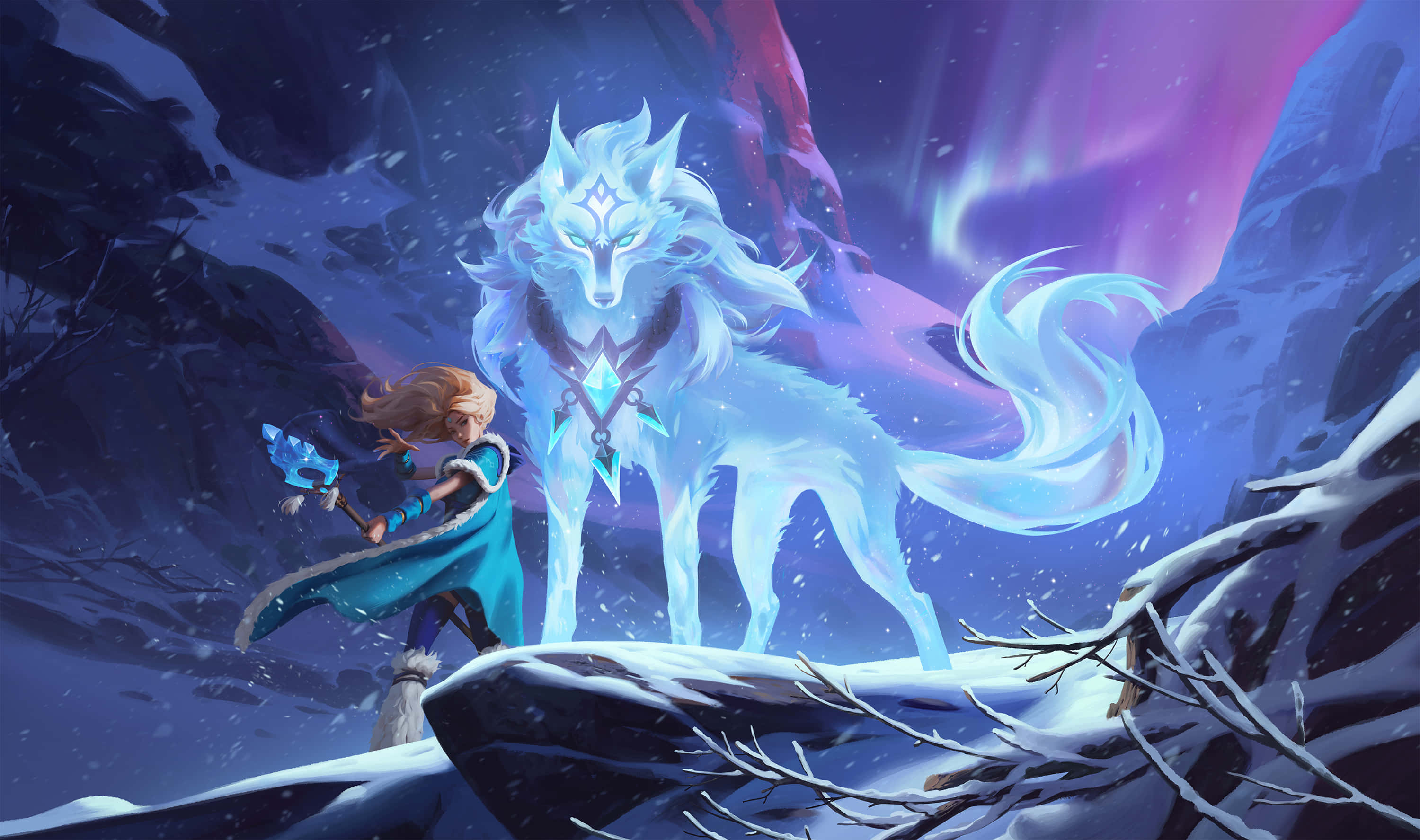 4K Dota 2 背景 - 水晶女巫 壁紙 — 一名身穿青綠色盔甲的戰士站在發光的白狼旁邊，背景是雪山山谷中充滿活力的極光。