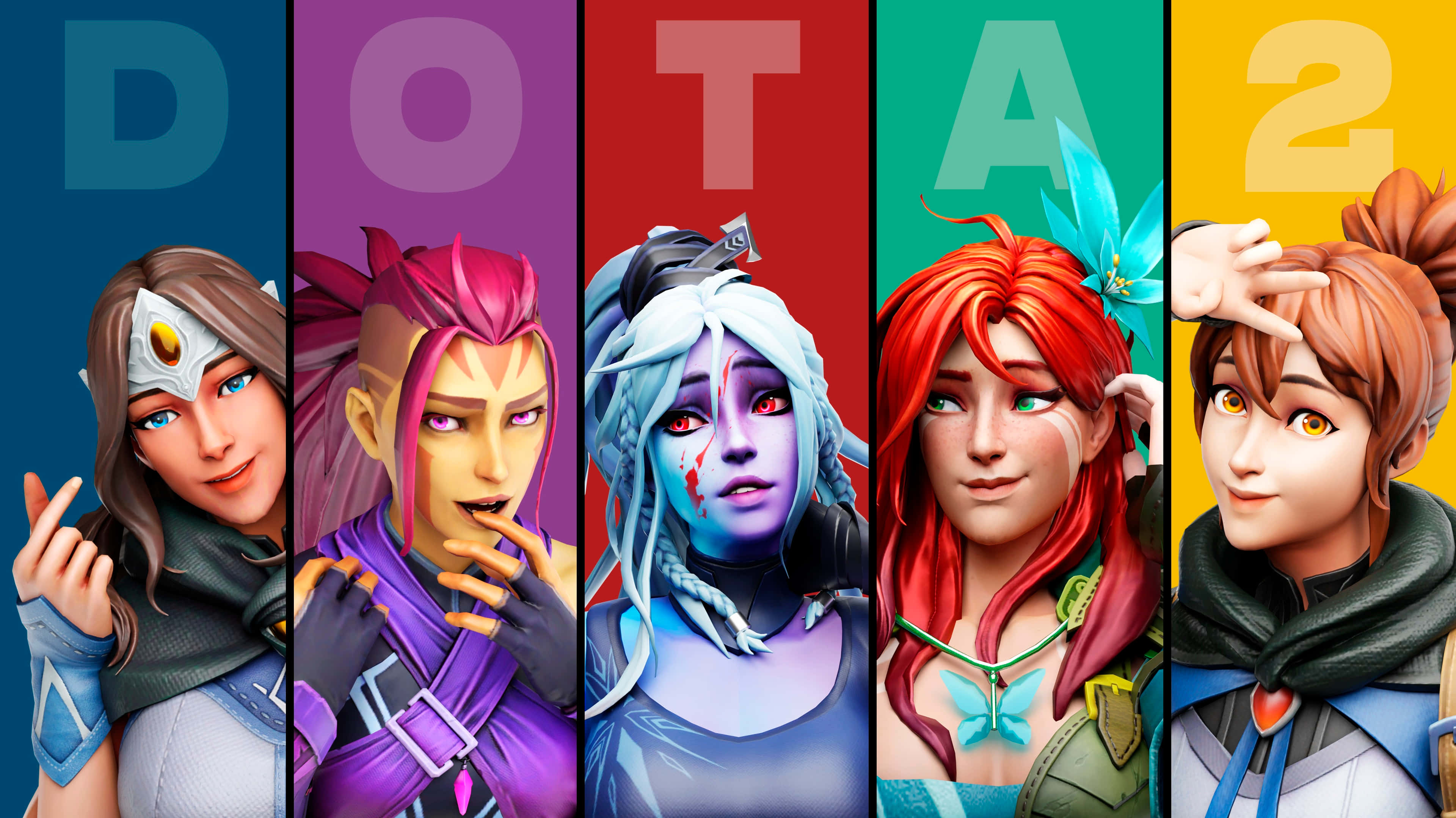 4K Dota 2 背景 - 海報色彩 壁紙 — 五個鮮豔的Dota 2英雄肖像顯示在彩色背景上，每個角色上方有遊戲標題字母。