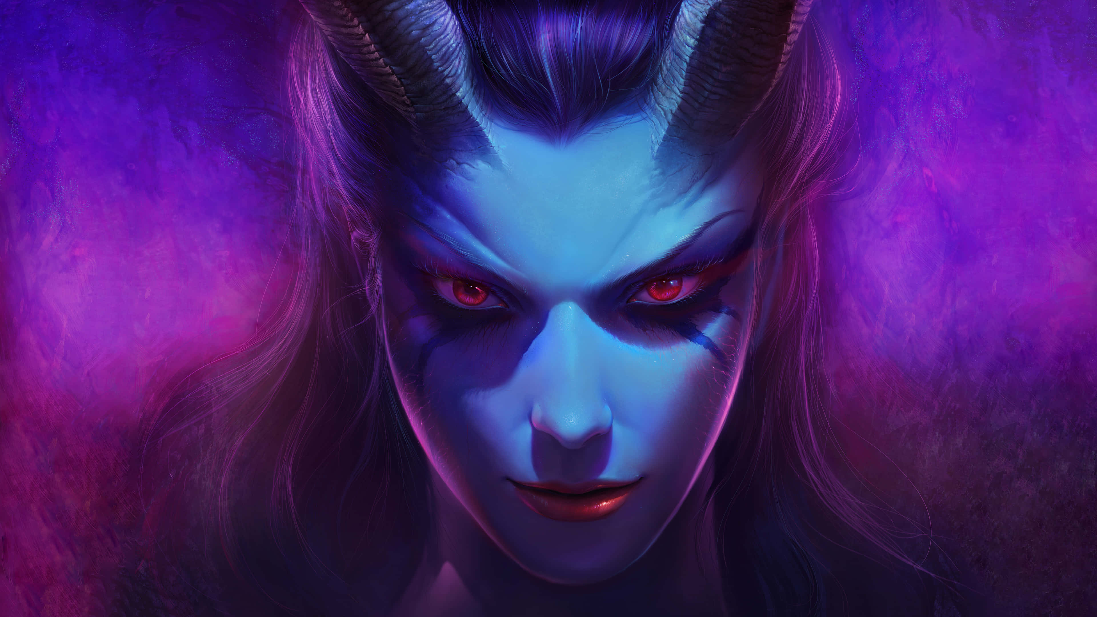 4K Dota 2 背景：痛苦女王 壁紙 — 一個惡魔般的女人，有著發光的紅眼睛和長角的頭，在旋轉的紫色和藍色背景下強烈地凝視著。