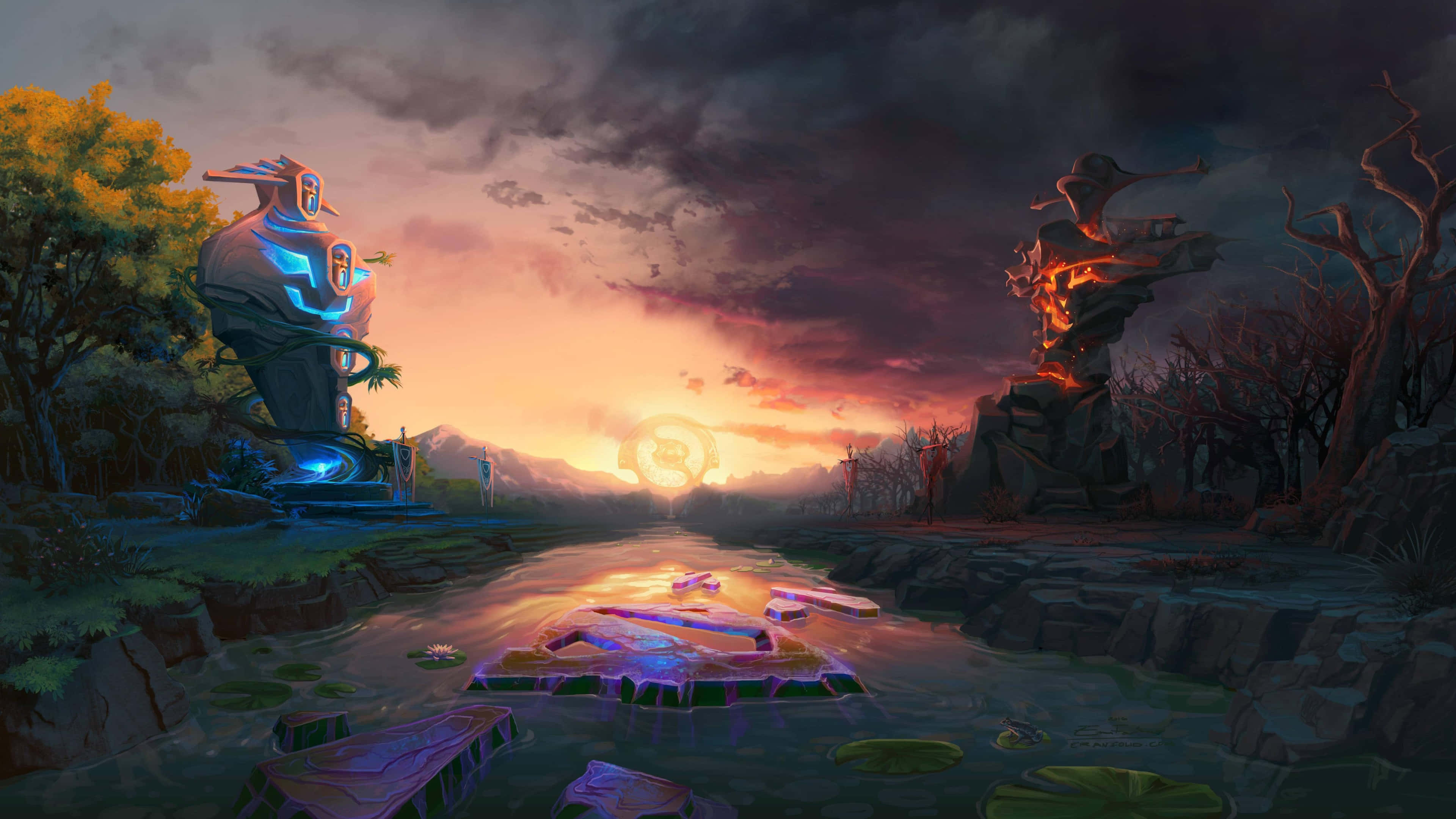 4K Dota 2 背景 - 藍紅塔 壁紙 — 一個神秘的黃昏場景，發光的未來廢墟沿著河流兩旁，在戲劇性的橙色和紫色天空下。