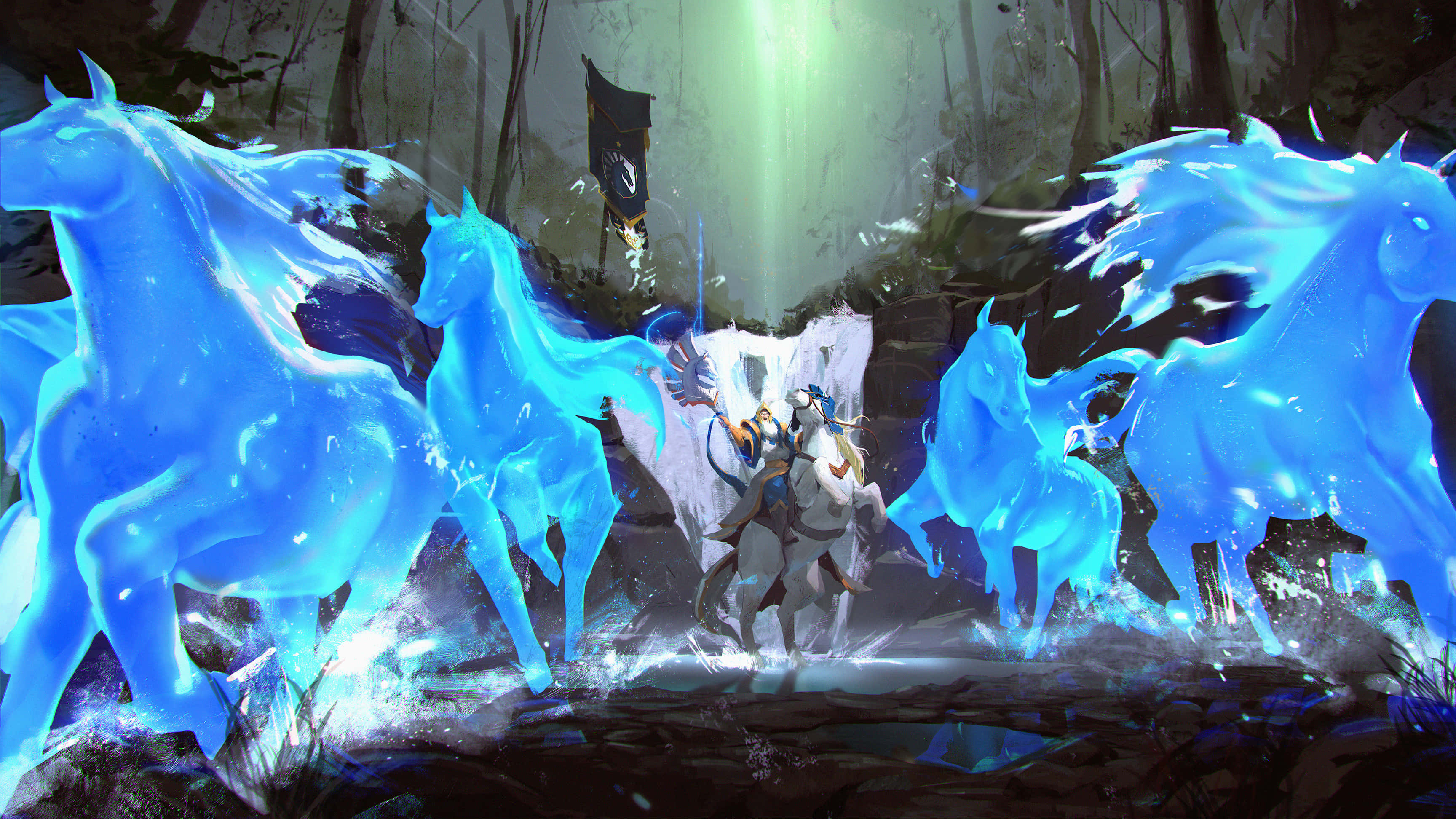 4K Dota 2 背景 - 藍色馬匹 壁紙 — 一名戰士騎著一匹發光的藍色幽靈馬，穿過迷霧森林，耀眼的光芒穿透樹冠。
