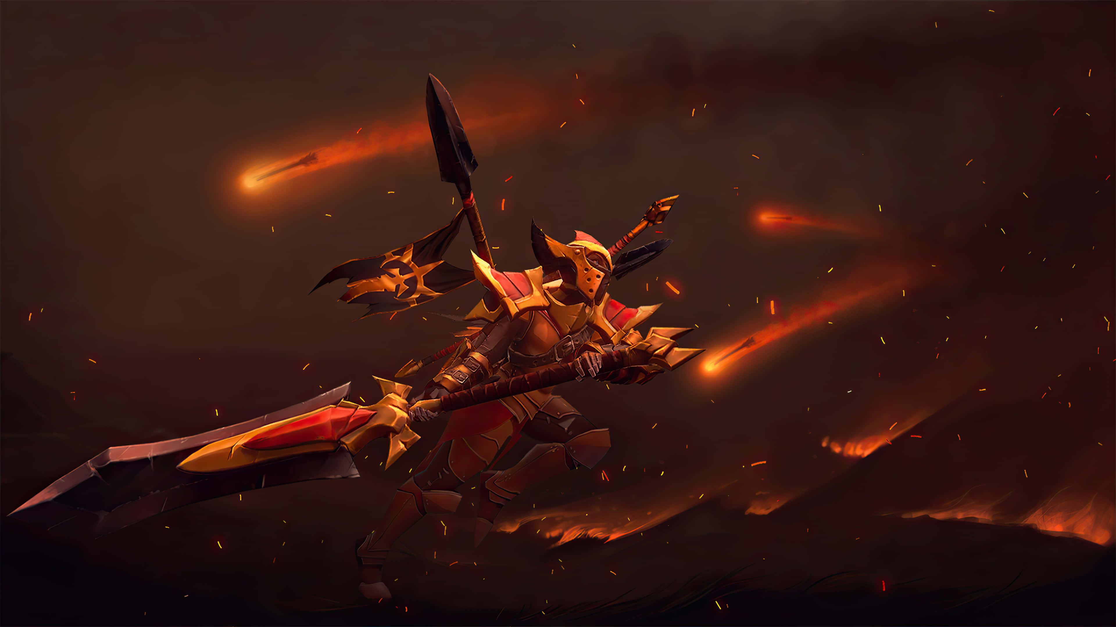 4K Dota 2 背景：軍團指揮官 壁紙 — 一名身穿金色鎧甲的戰士衝過熾熱的戰場，發光的彈丸呼嘯而過。