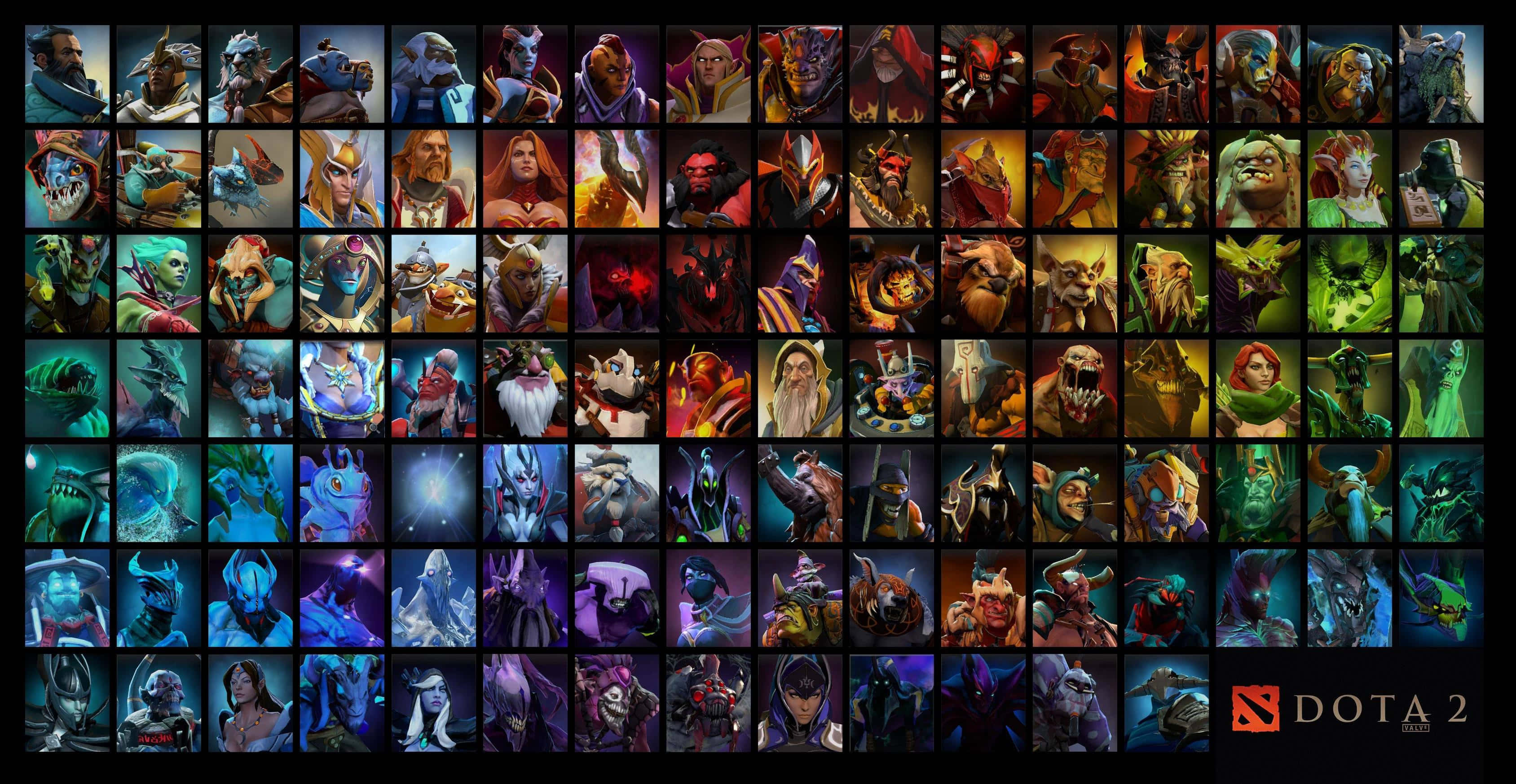 4K Dota 2 背景 - 長方形圖案 壁紙 — 充滿活力的 Dota 2 英雄肖像網格，展示多樣化的奇幻角色，具有戲劇性的燈光和豐富的色彩調色板。