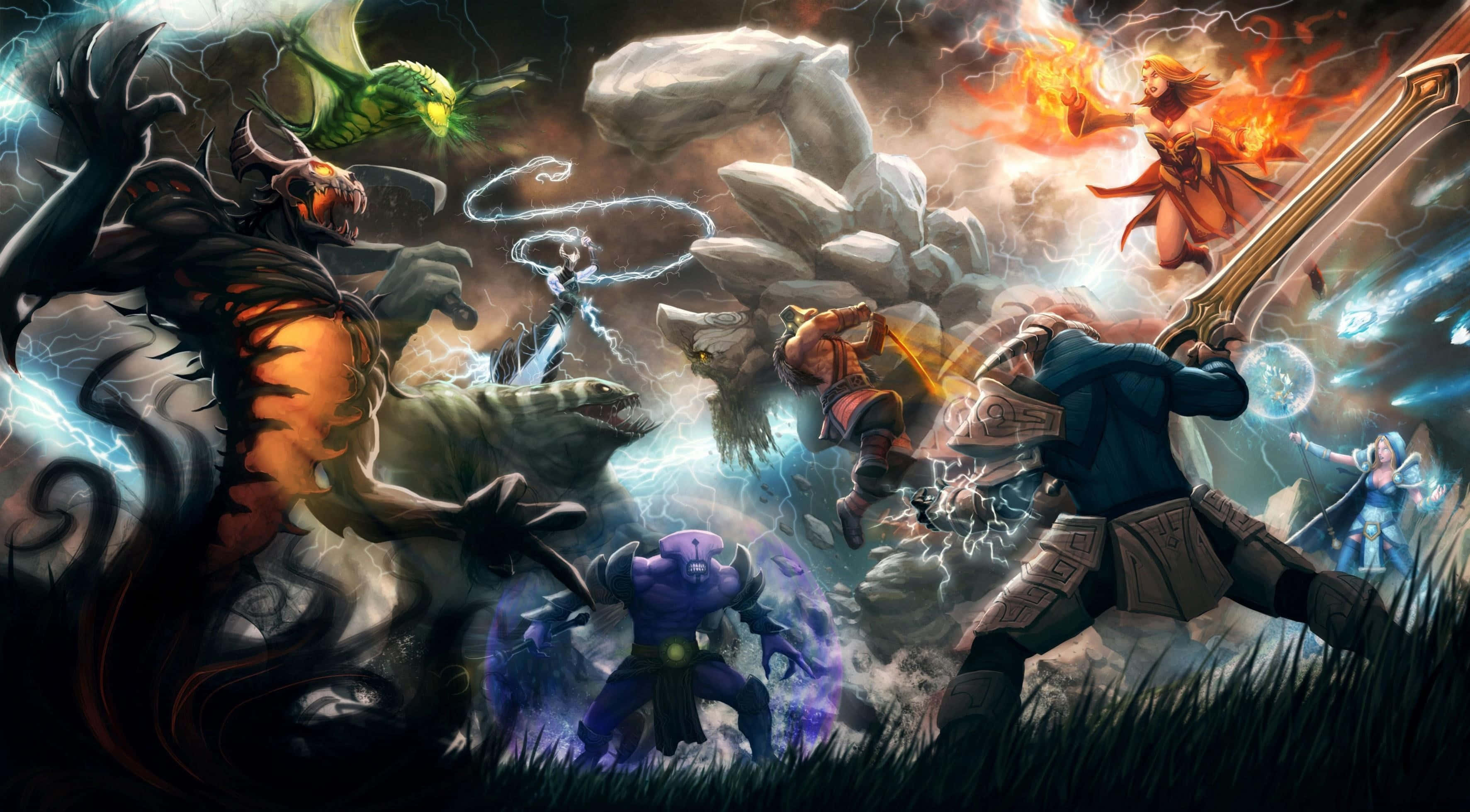 4K Dota 2 背景 - 開放力量 壁紙 — 英雄與怪物在風暴天空下以鮮豔魔法效果展開混亂的奇幻戰鬥。