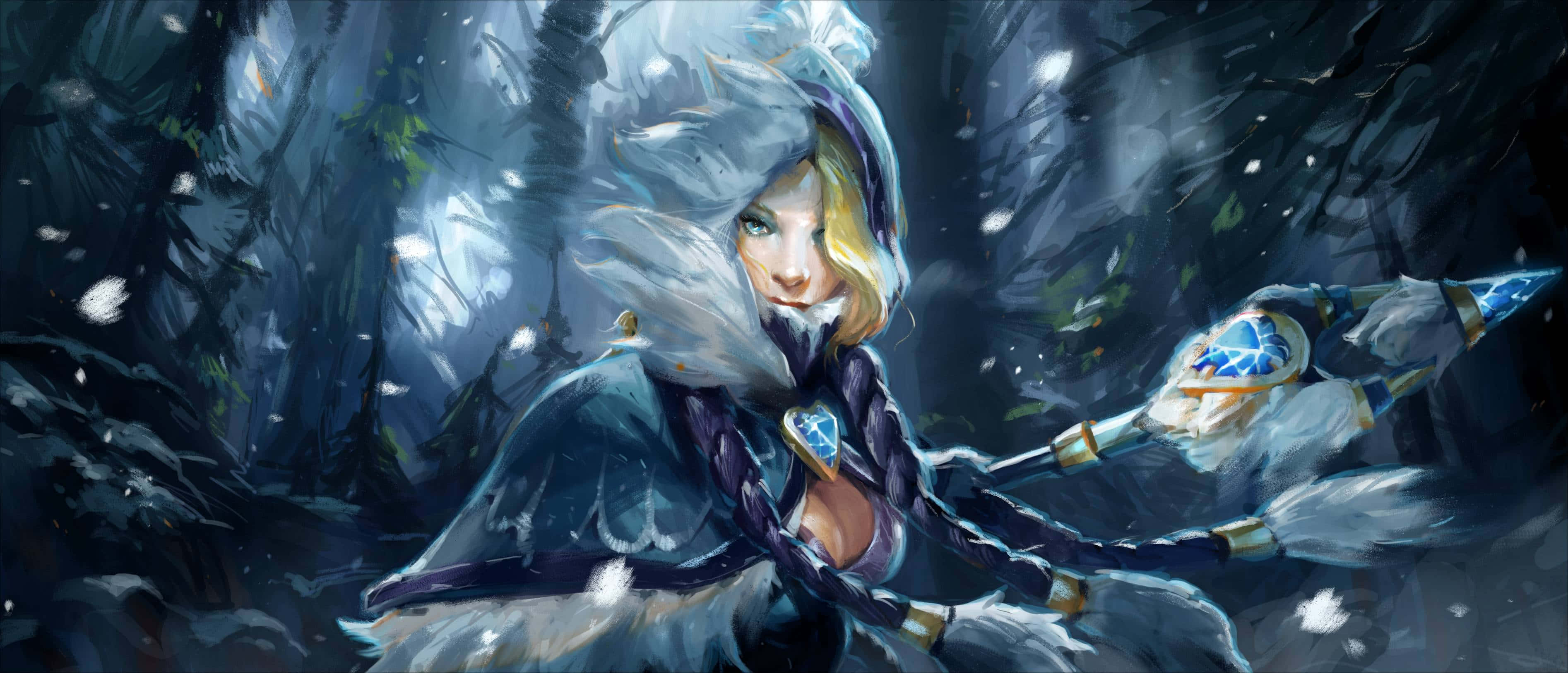 4K Dota 2 背景 - 飄雪 壁紙 — 一位金髮、身穿冰霜鎧甲的戰士，在雪地森林中揮舞著發光的長矛，傲然挺立。