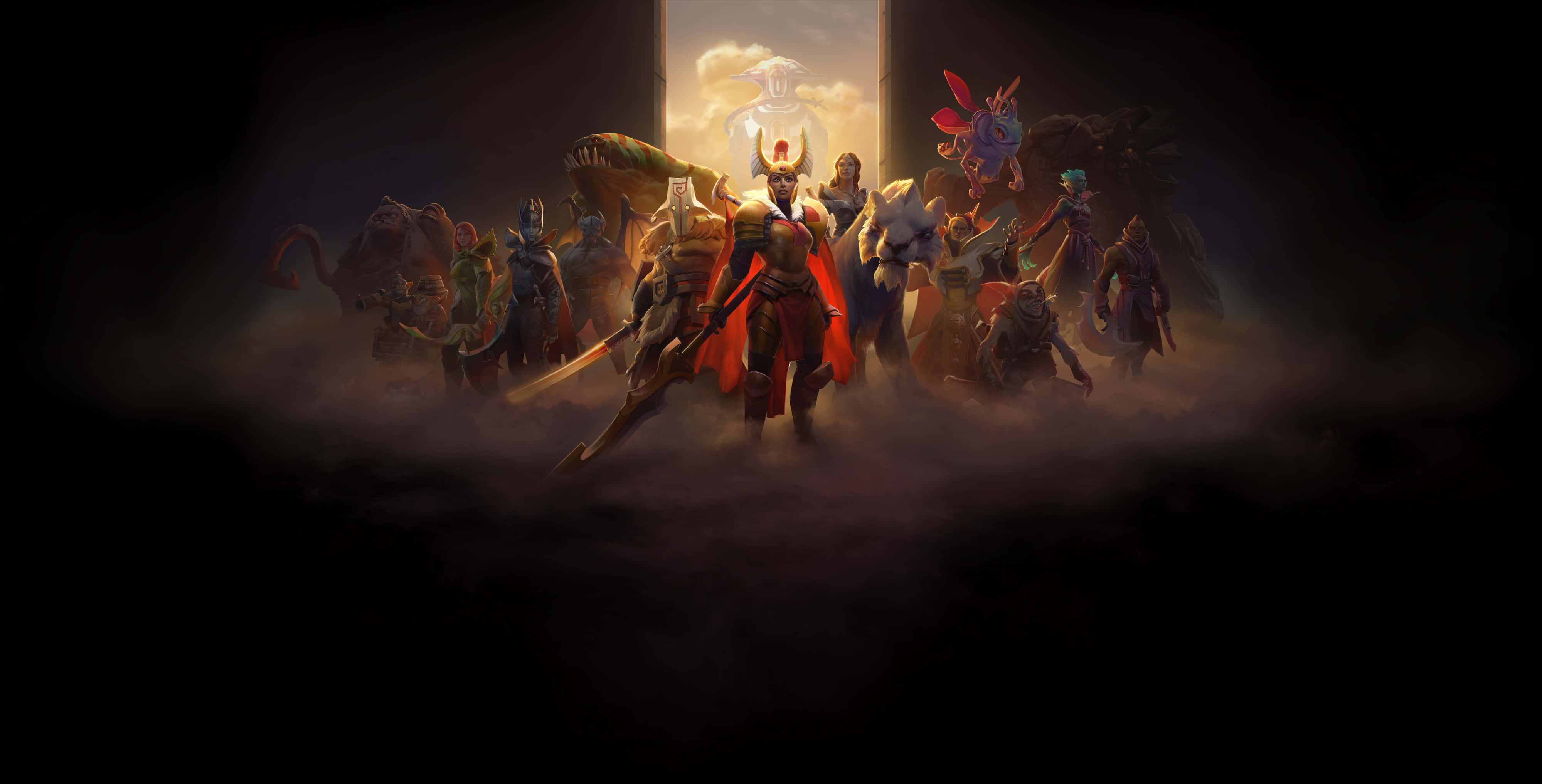 4K Dota 2 背景 - 黑黃天空 壁紙 — 一支由多樣戰士和怪物組成的戲劇性奇幻軍隊從烏雲中出現，朝向發光的傳送門。
