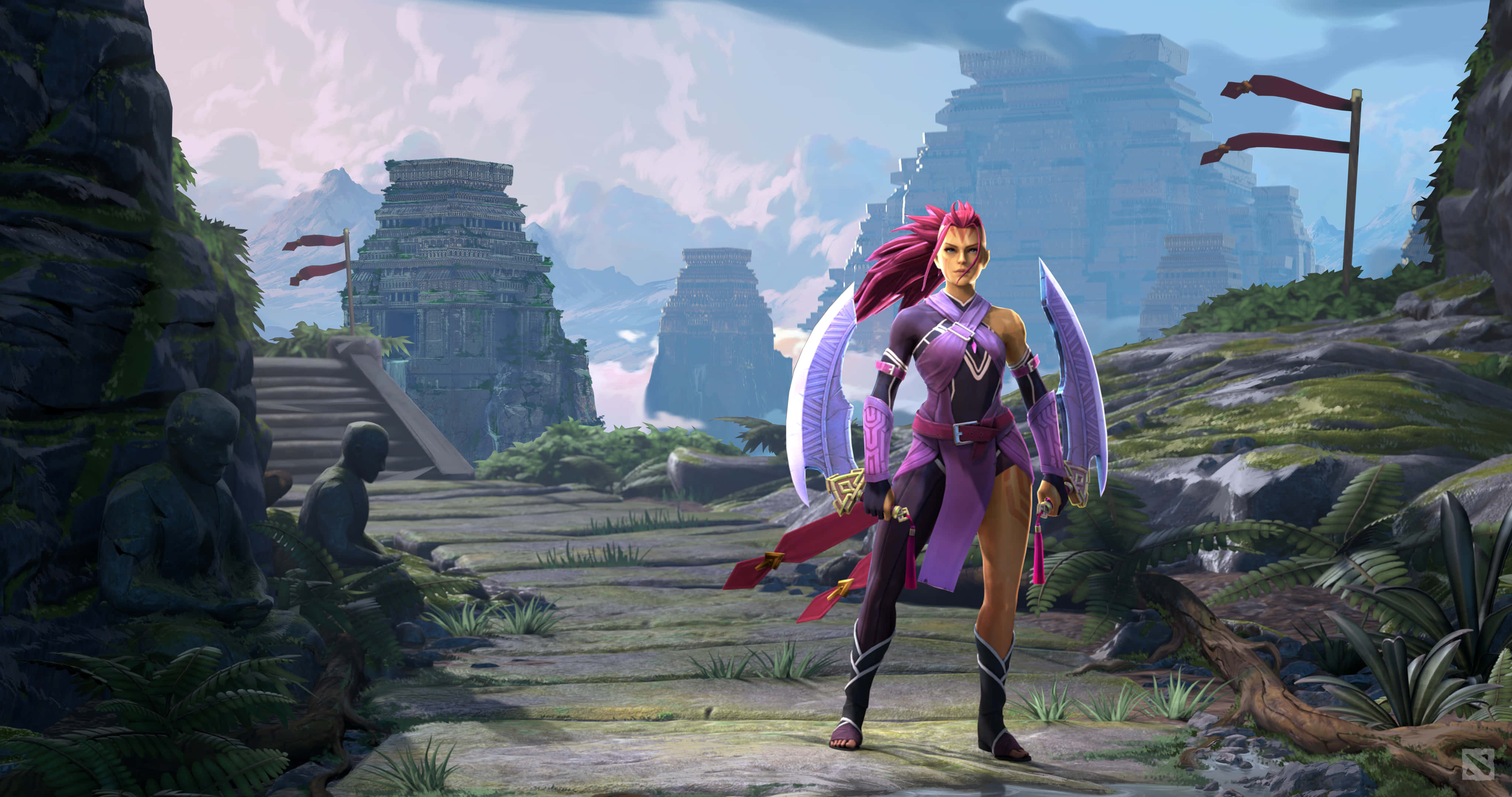 4K Dota 2 背景反魔法師人設 壁紙 — 一位粉紅頭髮、身穿紫色盔甲的戰士，站在陰天下的古老石頭廢墟前。