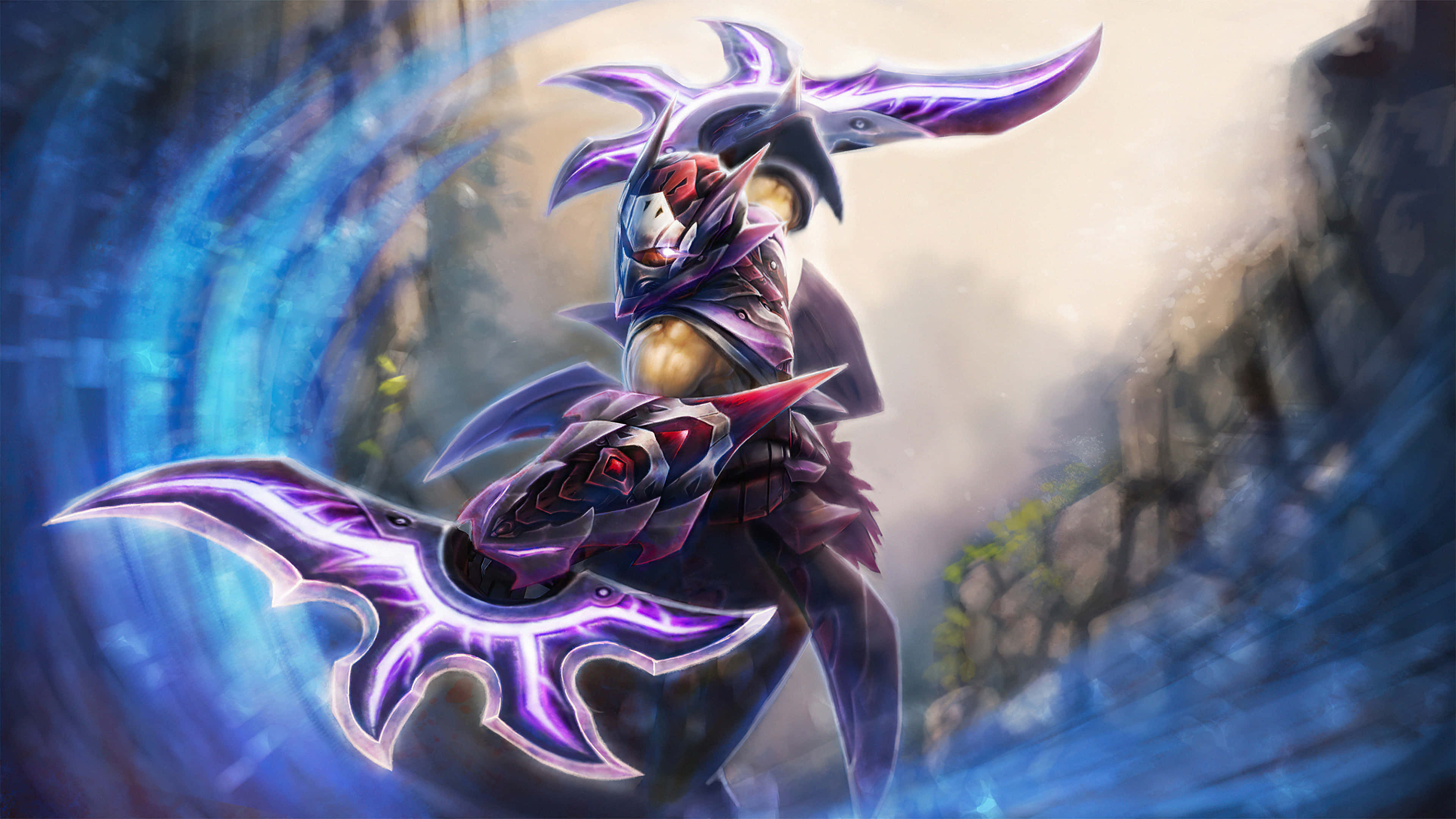 4K Dota 2 背景反魔法師 壁紙 — 一名黑暗奇幻戰士，身穿發光的紫色盔甲，手持巨大的華麗斧頭，站在旋轉的藍色能量和迷霧廢墟之中。