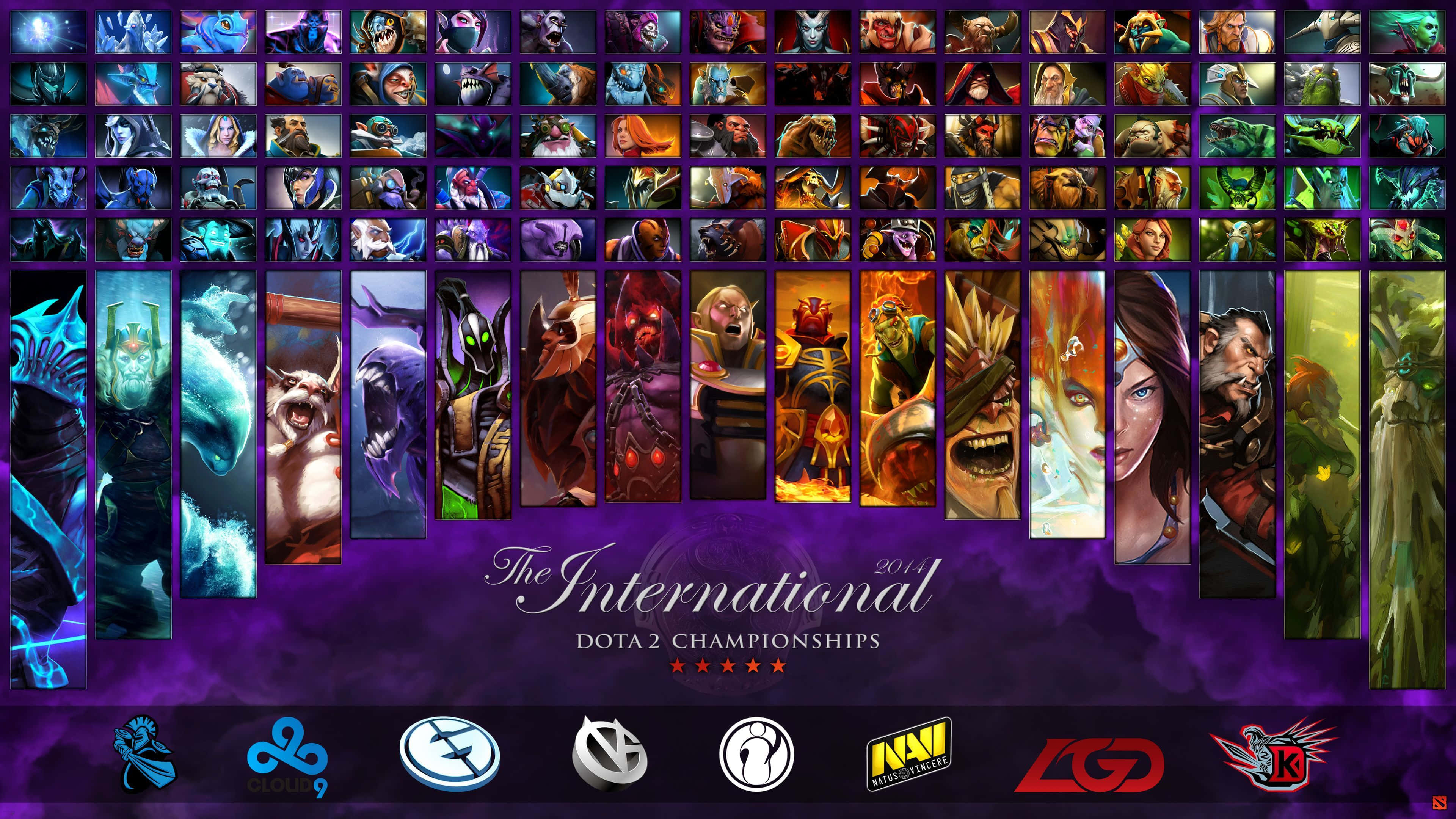 4K Dota 2 背景國際邀請賽 壁紙 — 來自The International 2014錦標賽的Dota 2英雄頭像的鮮豔網格，顯示在紫色漸變背景上。