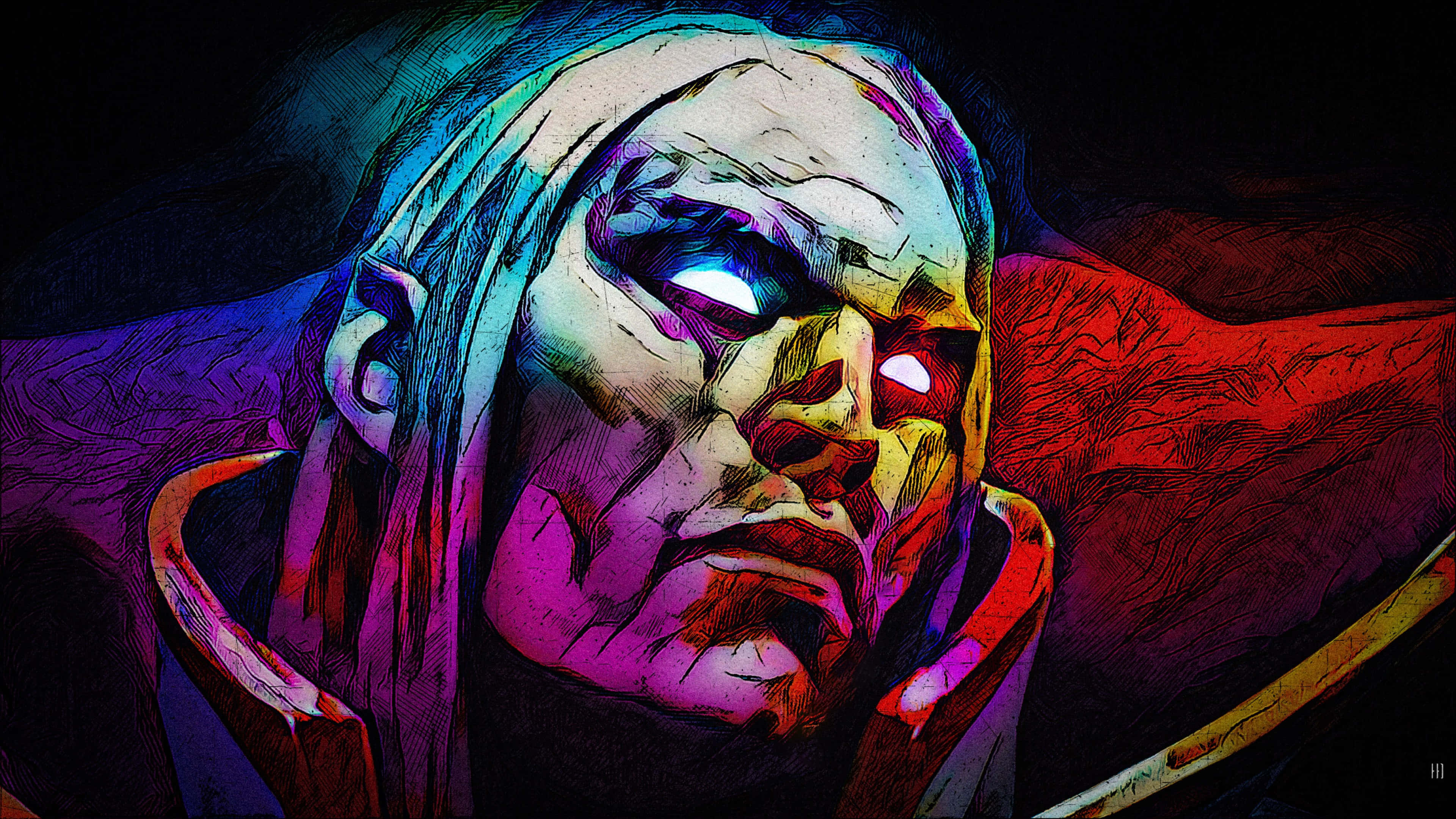 4K Dota 2 背景圖像藝術 壁紙 — 一個風格化的數碼藝術肖像，描繪一個表情陰沉的角色，擁有發光的眼睛和充滿活力的紫色、紅色和藍色燈光。