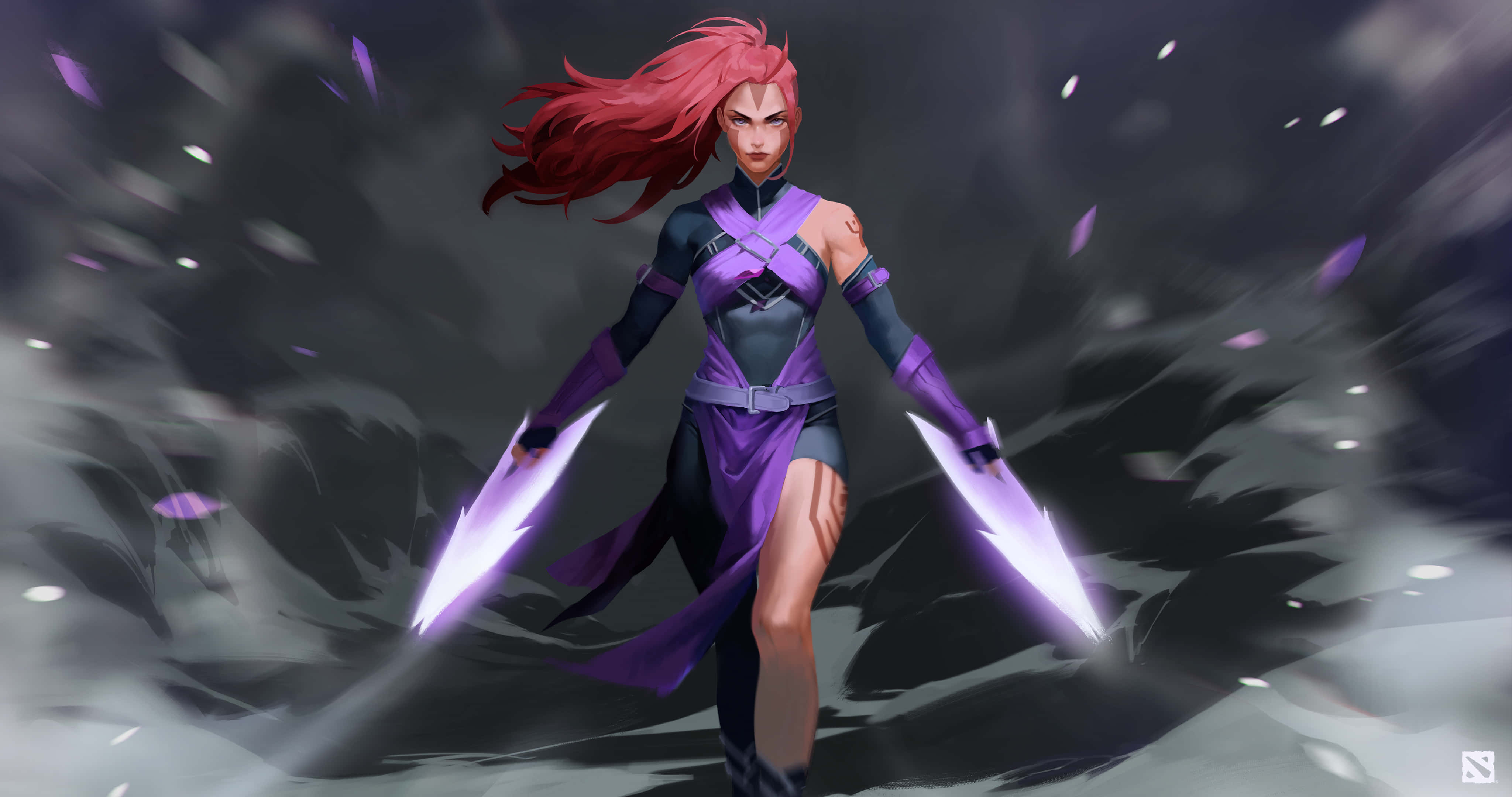 4K Dota 2 背景女性反魔法師 壁紙 — 一位兇猛的動漫戰士，擁有飄逸的紅髮，在暴風雨的黑暗背景下揮舞著發光的紫色刀刃。