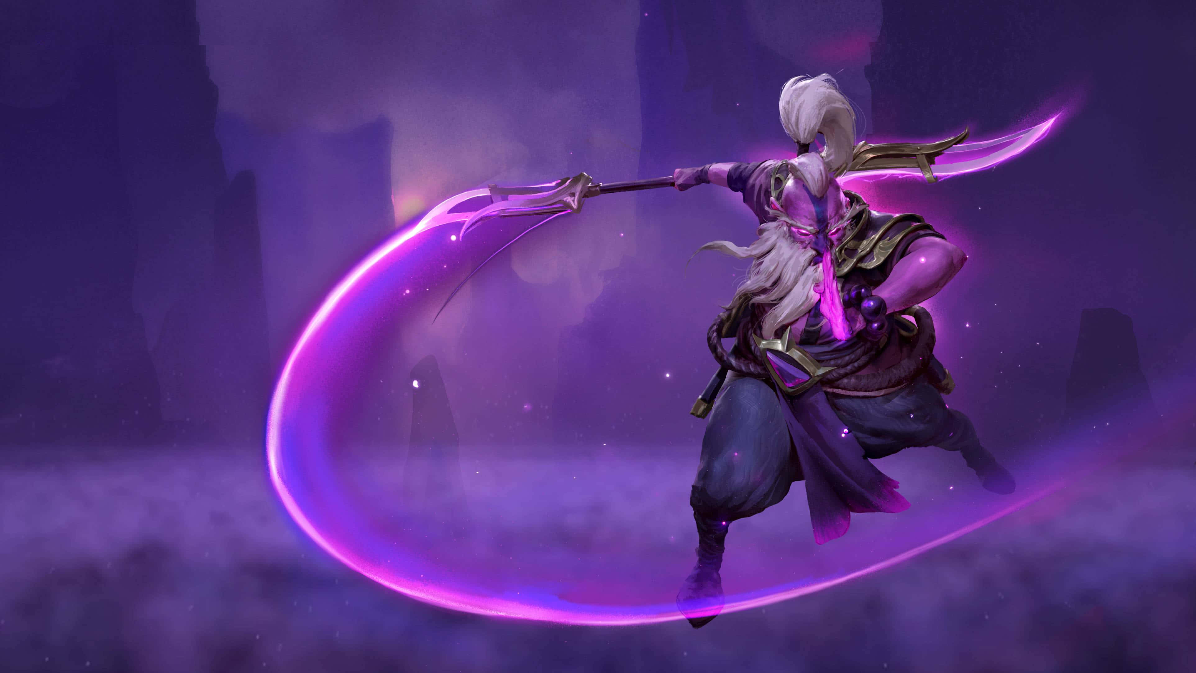 4K Dota 2 背景山巒虛空精靈 壁紙 — 一位白髮戰士在迷霧籠罩的紫色洞穴中揮舞著發光的紫色鐮刀。