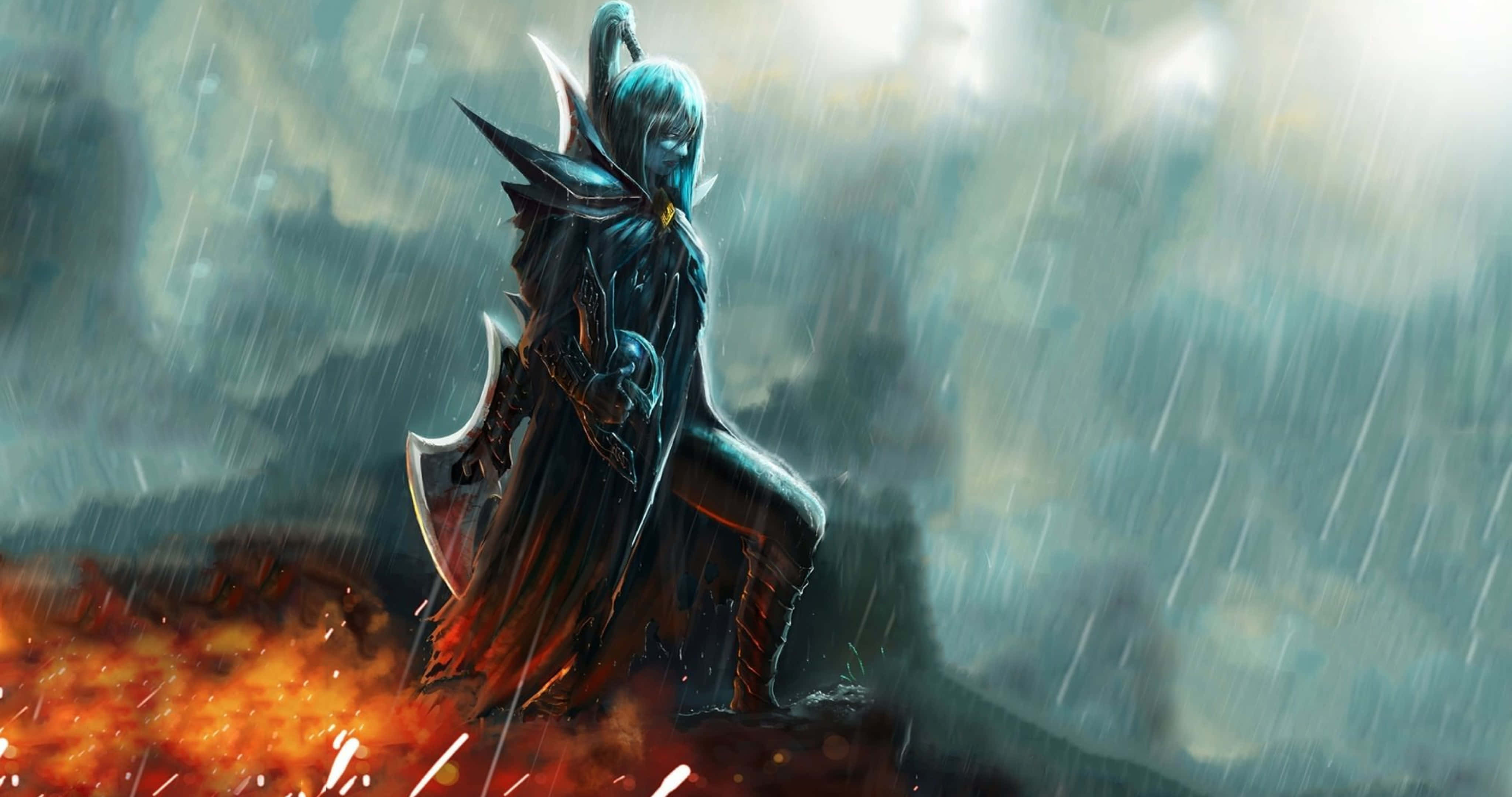 4K Dota 2 背景幻影刺客 壁紙 — 一個身穿暗色盔甲、擁有發光藍色頭髮的戰士，在暴風雨中站立於雨和火焰之中，場景戲劇性十足。