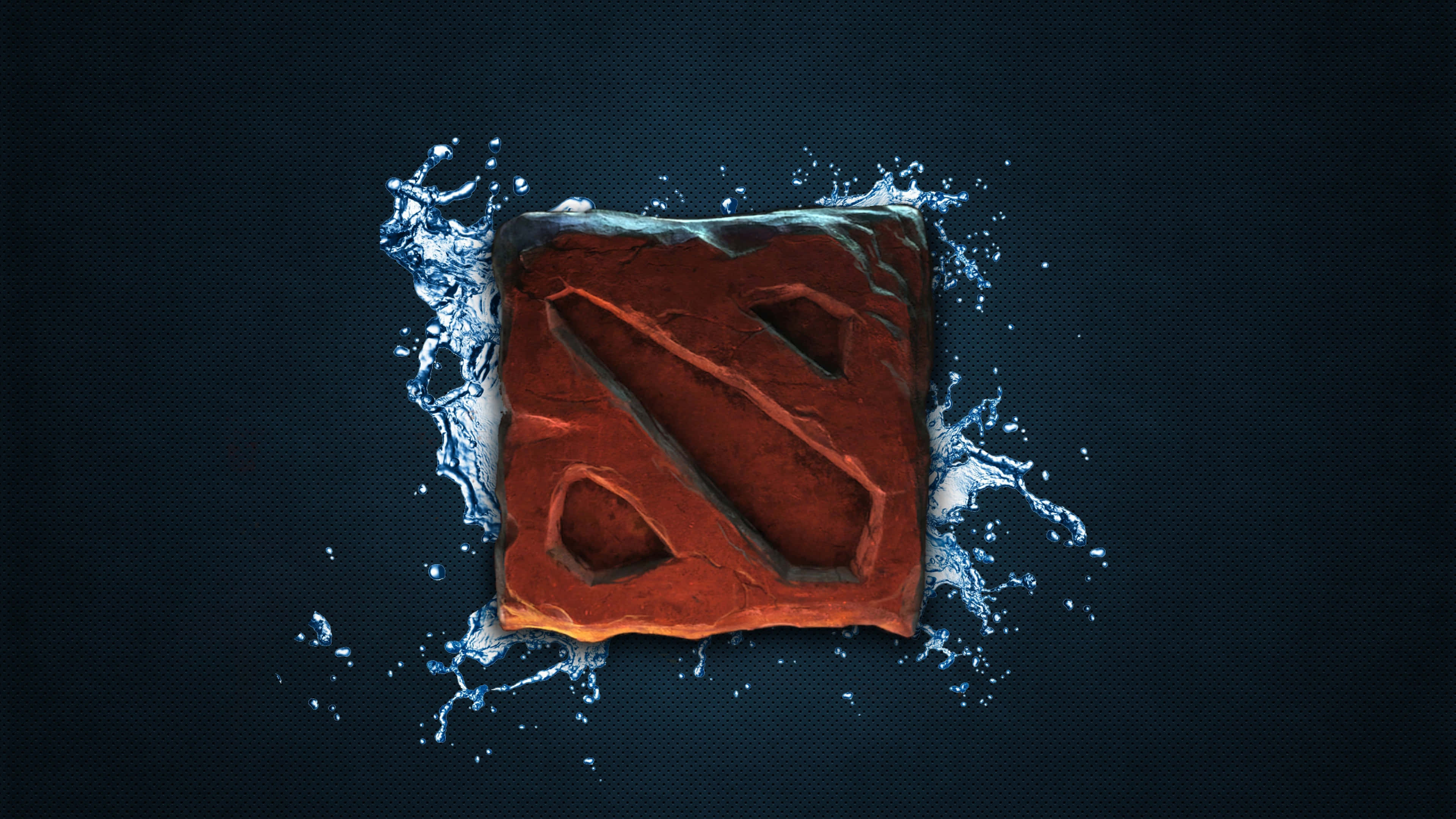 4K Dota 2 背景標誌水花 壁紙 — 一個紅色的 Dota 2 標誌從水花中浮現，背景為深色紋理。