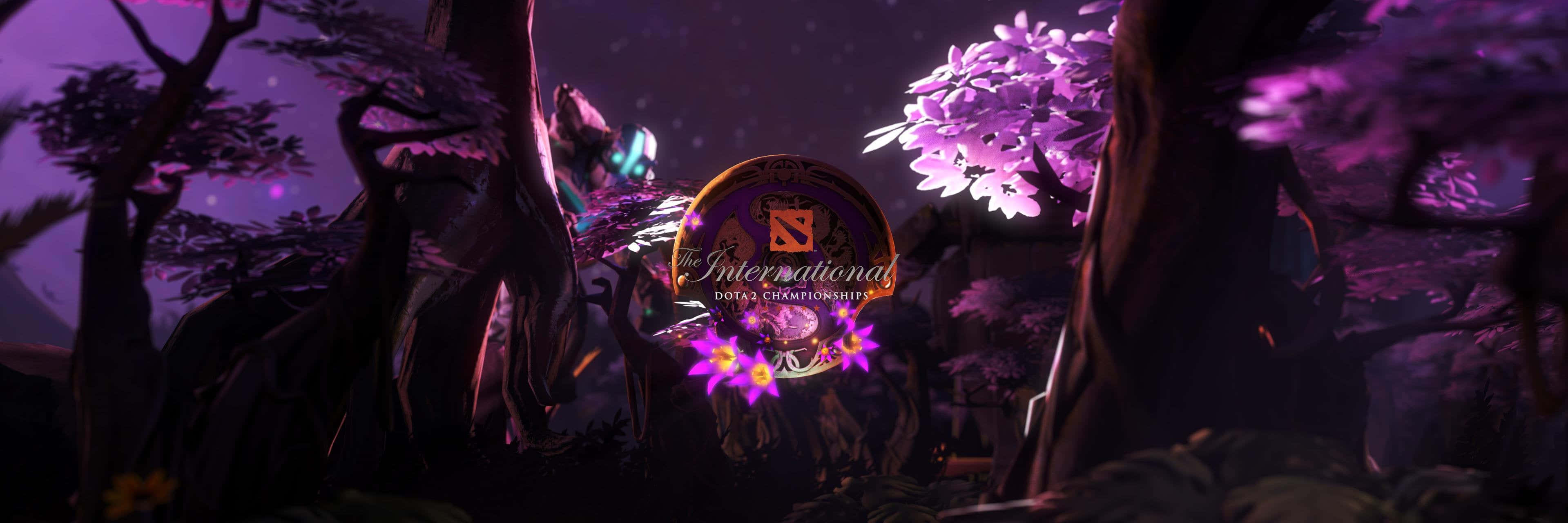 4K Dota 2 背景樹葉 壁紙 — 一個發光的 Dota 2 International 標誌漂浮在神秘的紫色森林中，有發光的花朵和扭曲的樹木，背景是繁星點點的夜空。