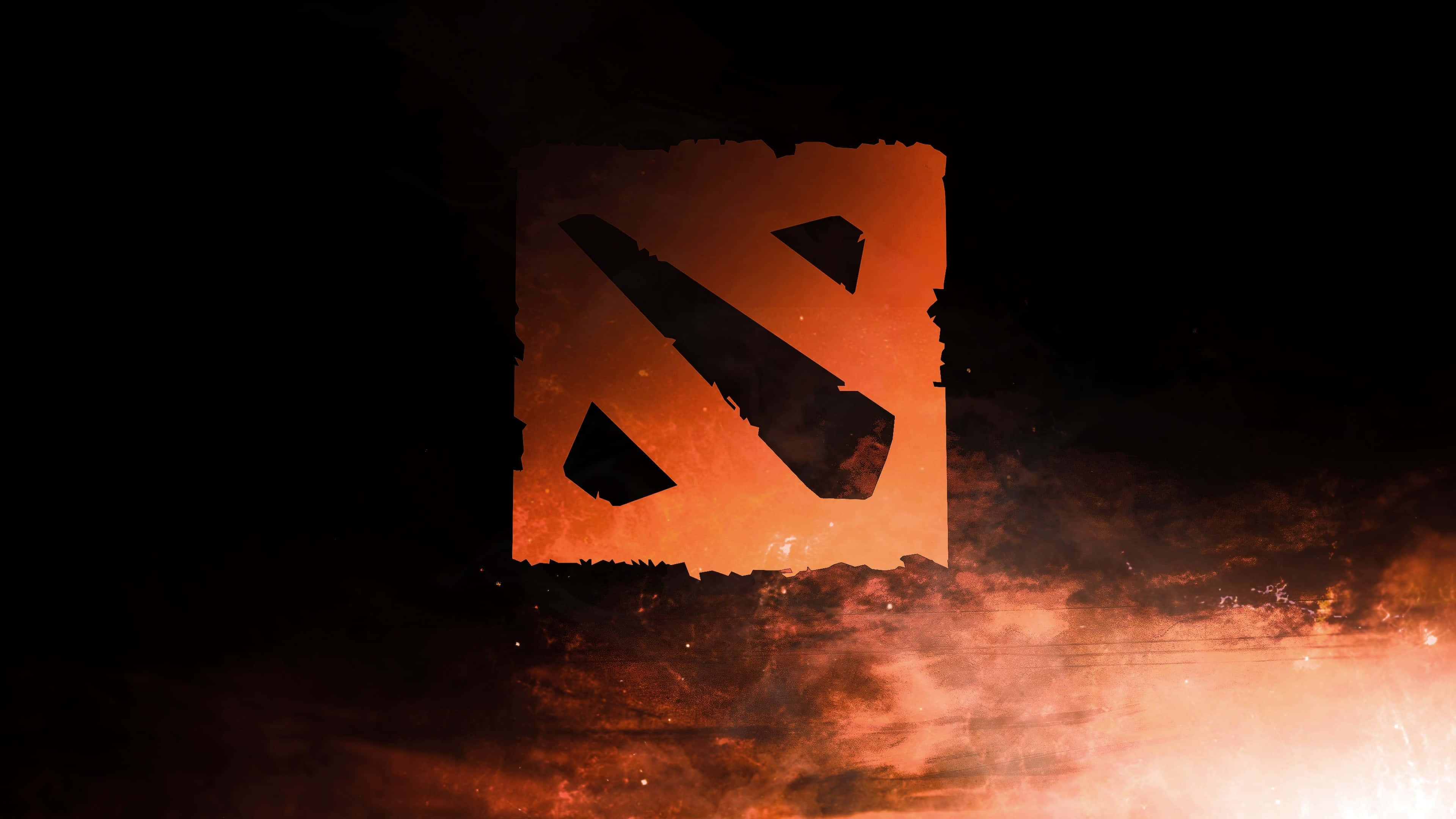 4K Dota 2 背景橙色標誌 壁紙 — 一個發光的橙色 Dota 2 標誌從火焰煙霧中浮現，背景為深色。