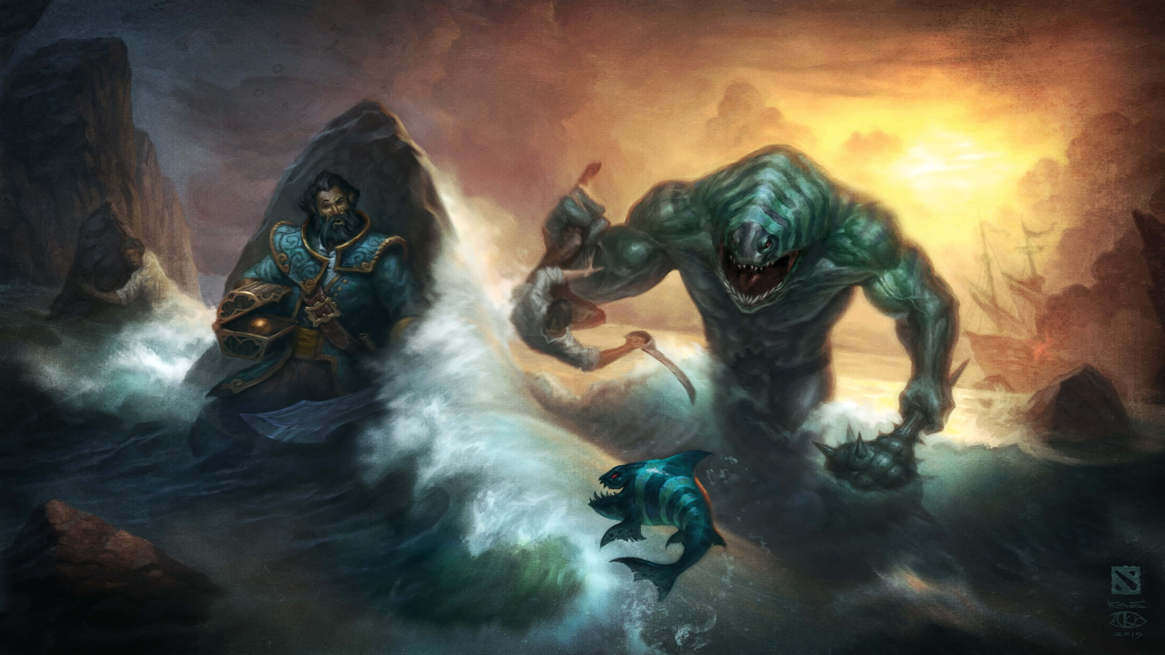 4K Dota 2 背景潮汐獵手武器 壁紙 — 一名身穿華麗盔甲的戰士在波濤洶湧和熾熱的日落中與一隻巨大的綠色海怪戰鬥。