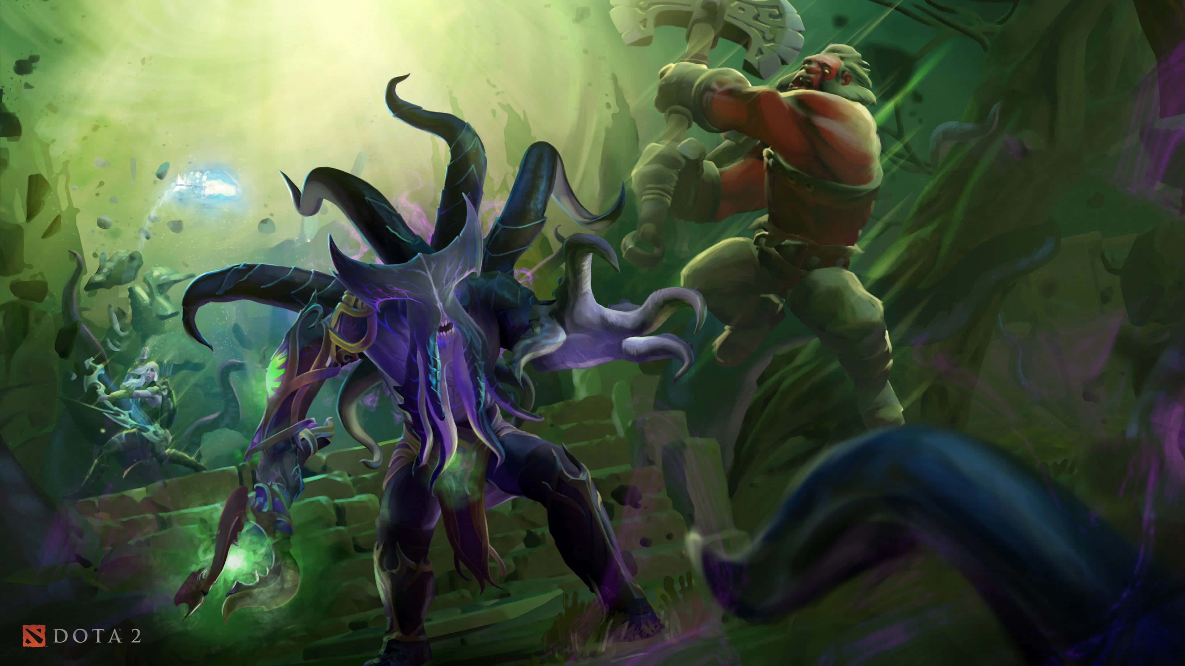 4K Dota 2 背景無面者 壁紙 — 一隻紫色觸手怪物與一個揮舞巨斧的肌肉戰士在發光的綠色叢林戰場上衝突。