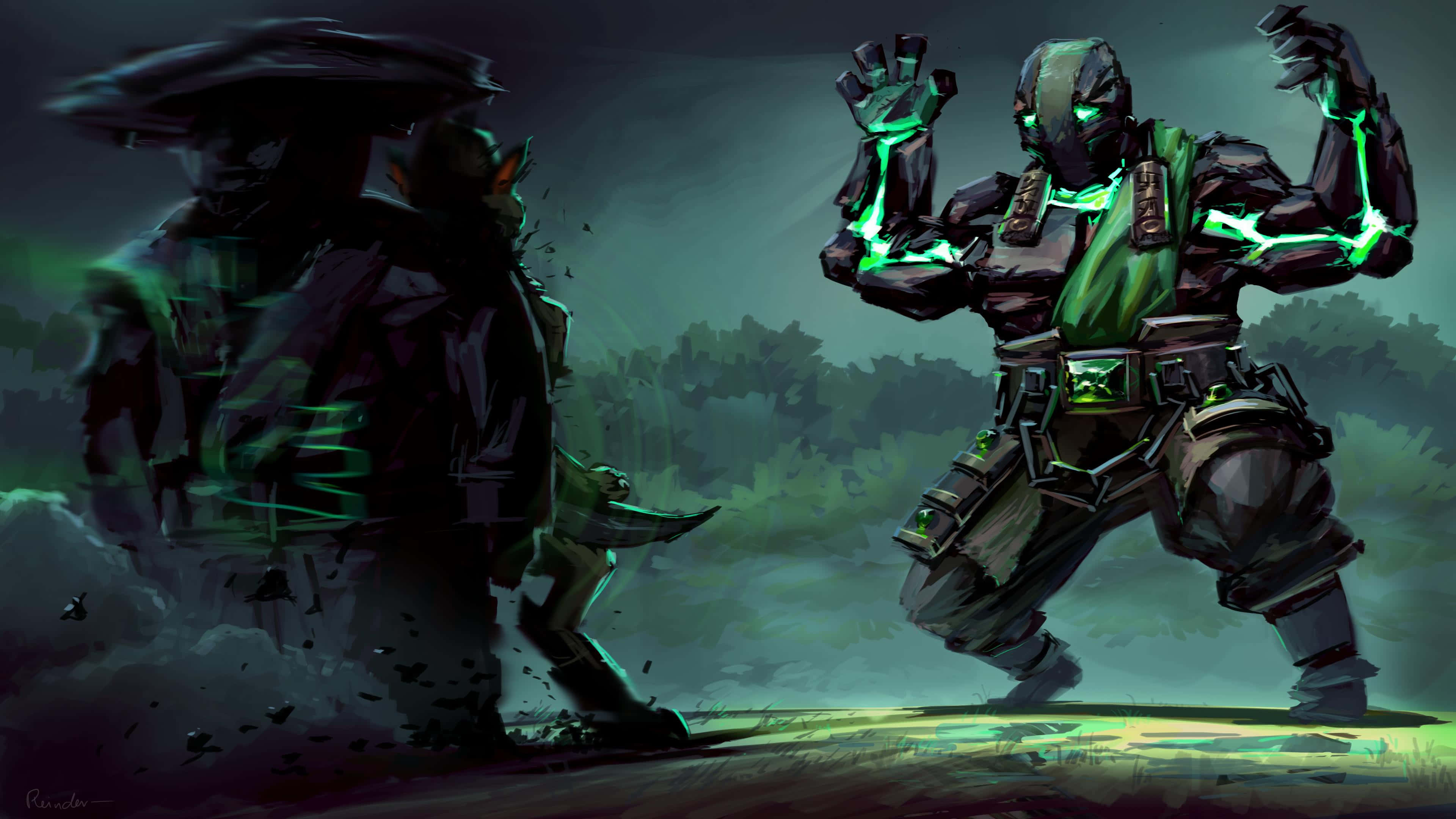 4K Dota 2 背景綠黑配色 壁紙 — 一個發光的綠色裝甲戰士在夜間的迷霧森林中與一個陰影人物碰撞。