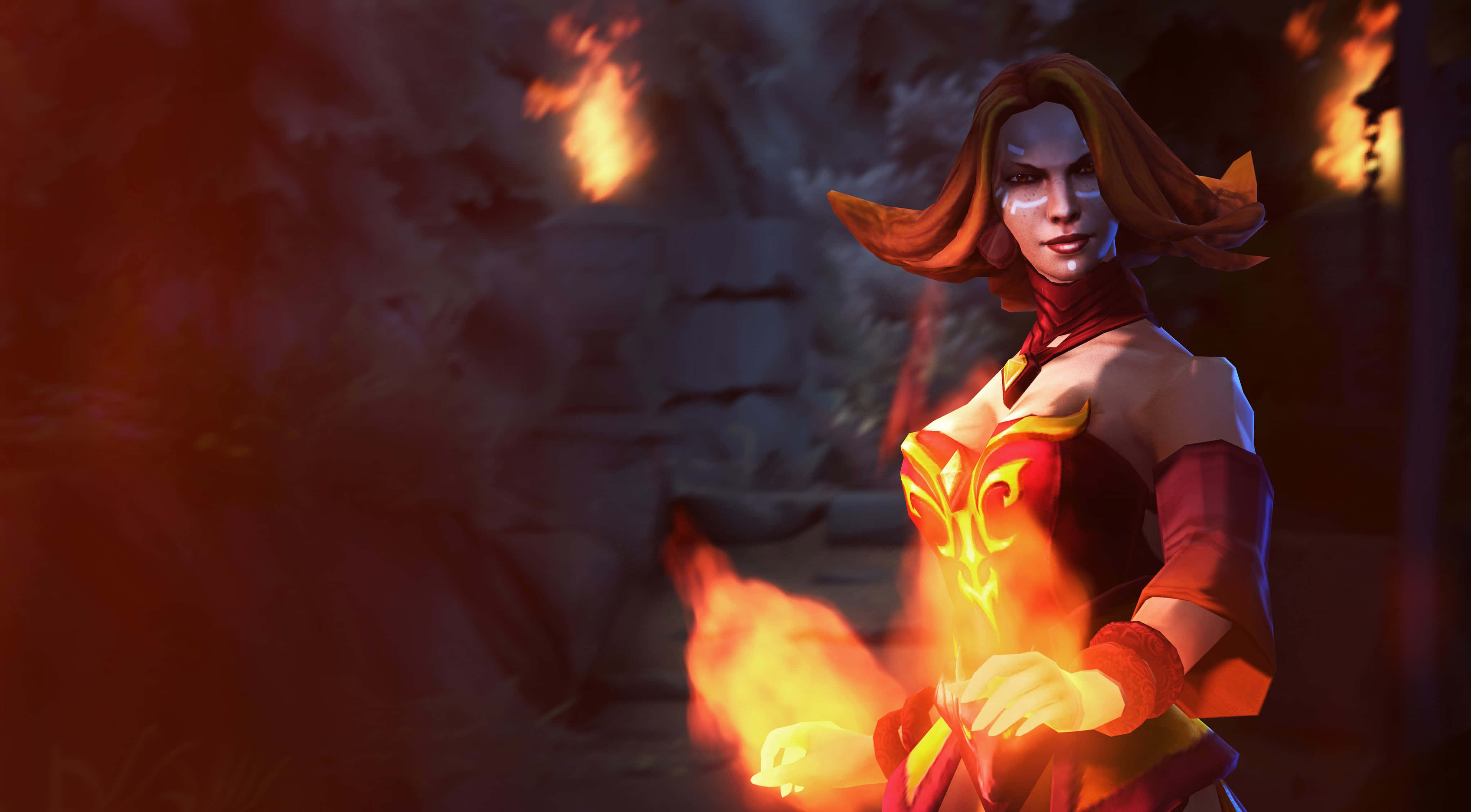 4K Dota 2 背景莉娜烈焰 壁紙 — 一位紅髮女戰士身穿紅色盔甲，在黑暗的石頭廢墟中引導發光的火焰。