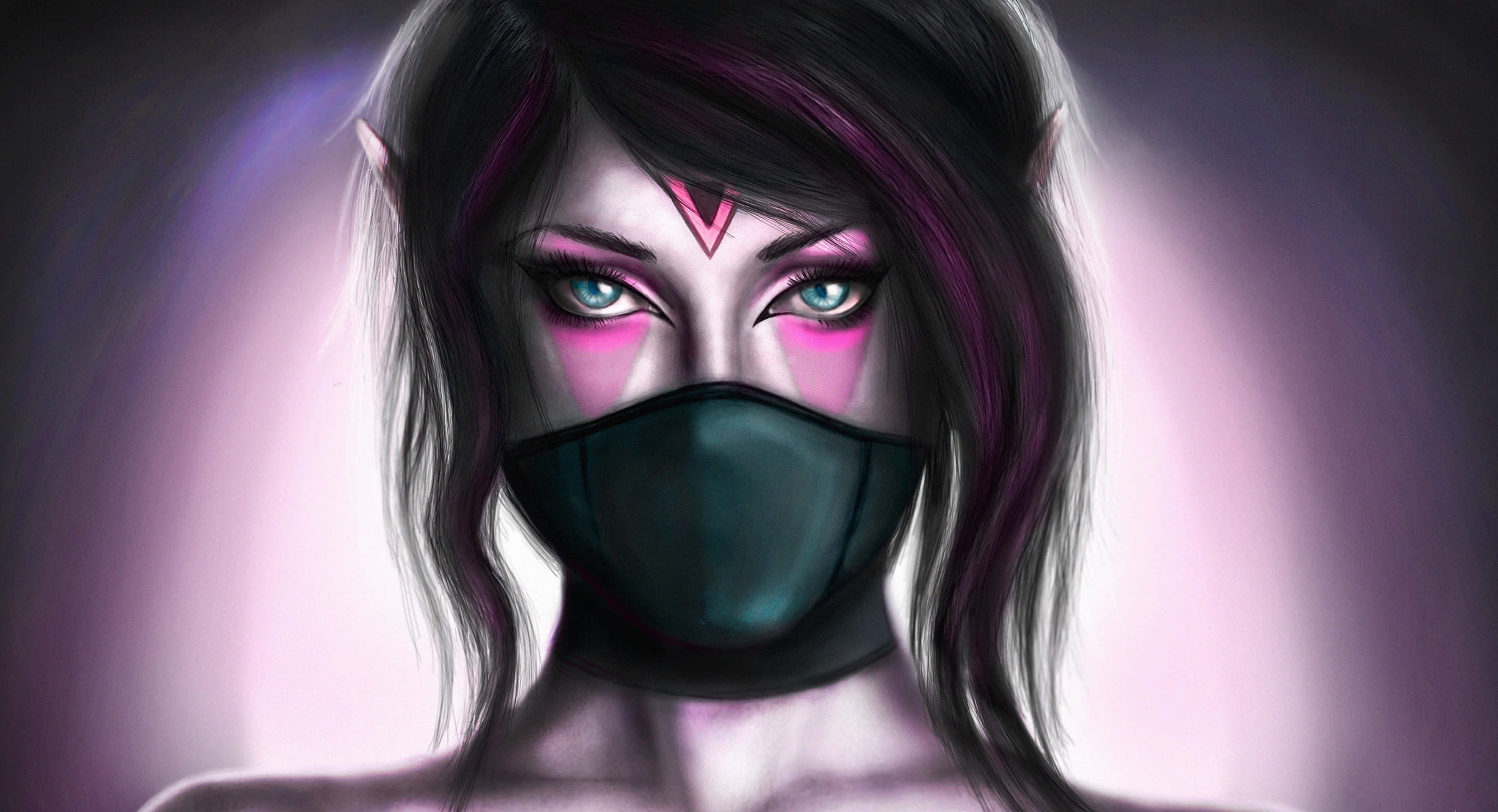 4K Dota 2 背景蘭雅 壁紙 — 一位精靈女性的數碼藝術肖像，擁有發光的藍色眼睛和紫色髮絲，在柔和的粉紅和紫色漸變背景前戴著黑色口罩。