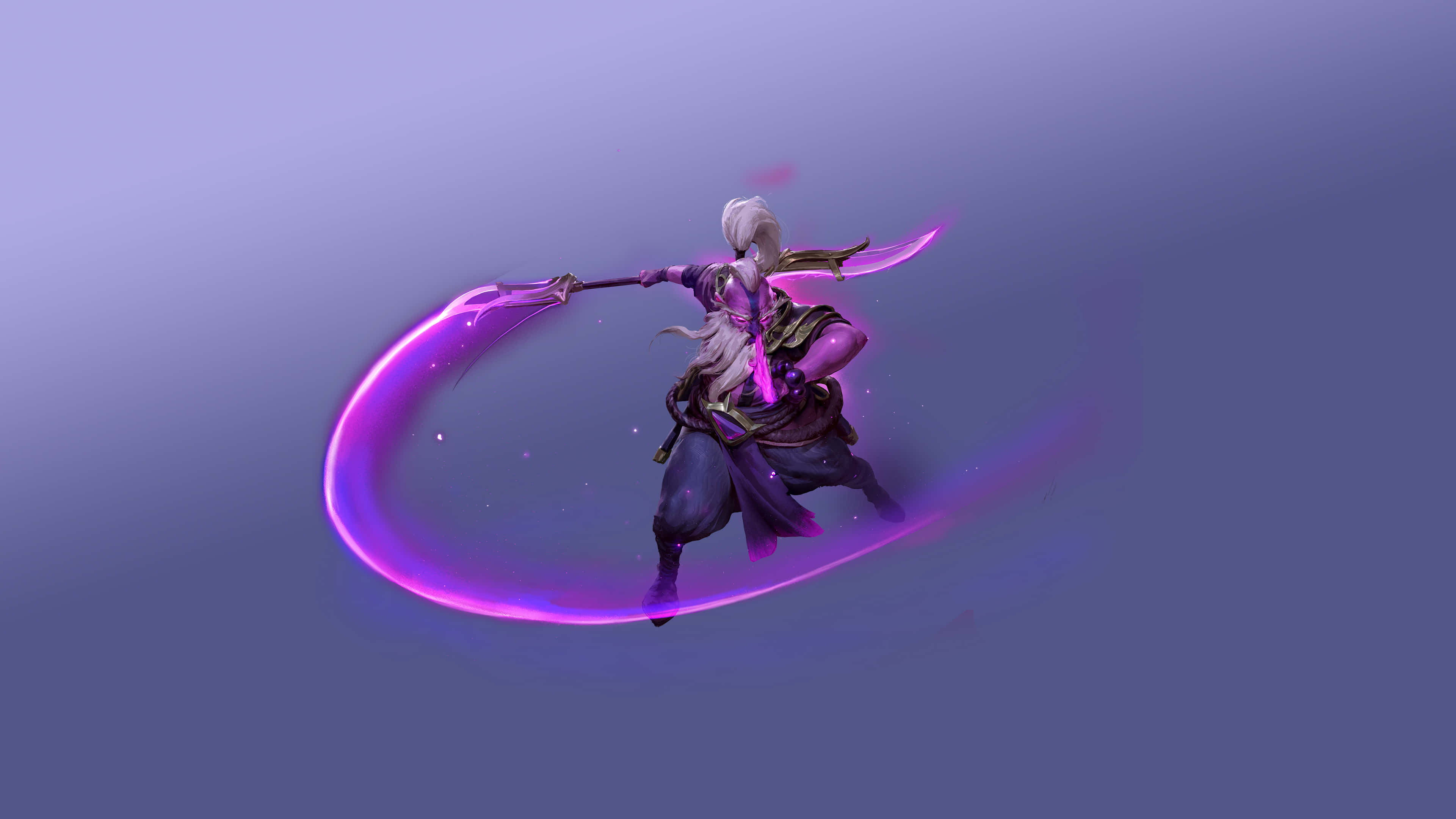 4K Dota 2 背景虛空精靈 壁紙 — 一位白髮戰士在半空中揮舞著發光的紫色劍，背景是紫色漸變。