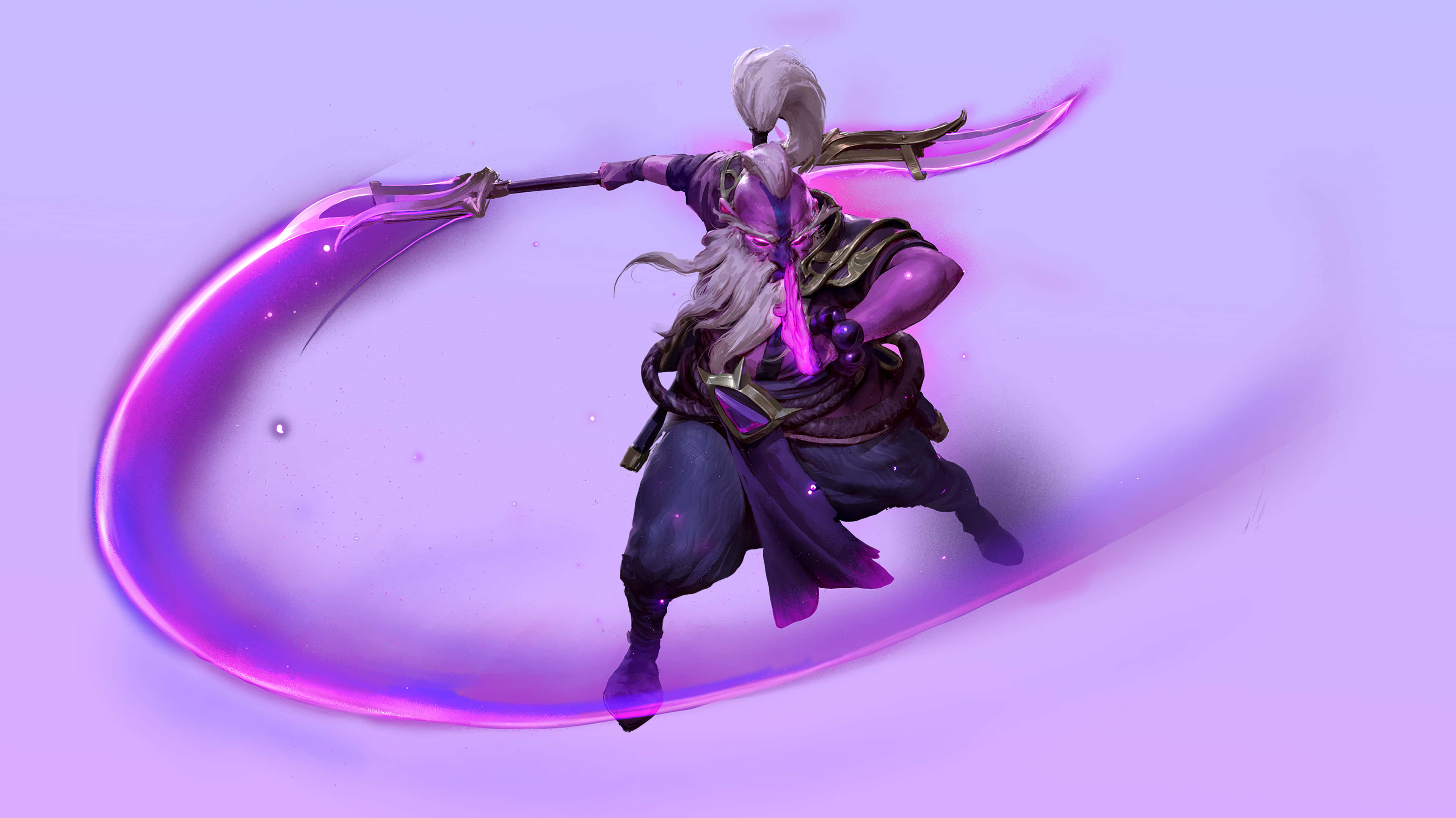 4K Dota 2 背景虛空精靈 壁紙 — 一位白髮戰士在柔和的薰衣草背景下，以動態姿勢揮舞著發光的紫色鐮刀。
