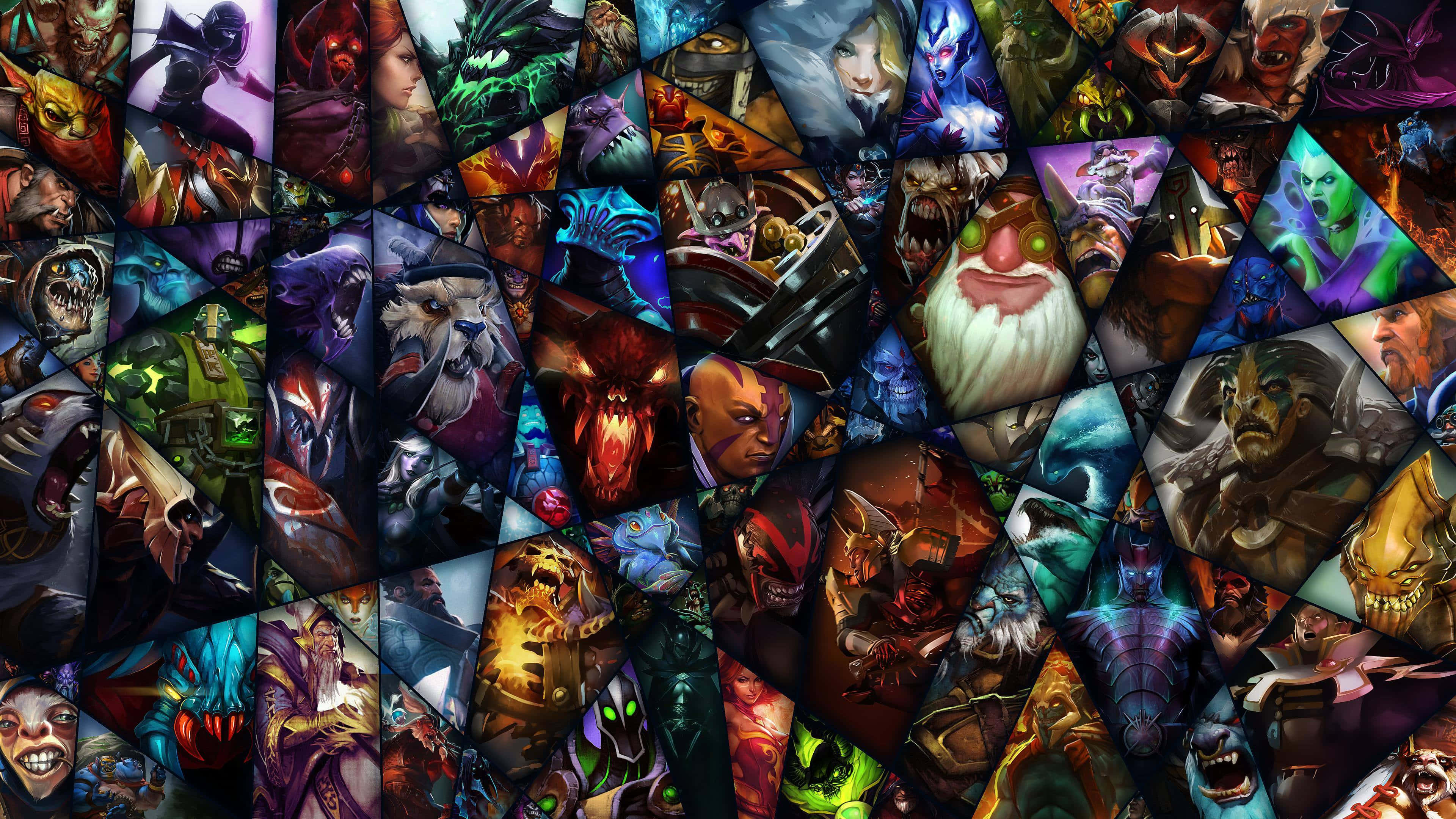 4K Dota 2 背景角色三角形排列 壁紙 — 一個充滿活力的拼貼畫，描繪了奇幻遊戲角色，以動態的三角形碎片呈現，色彩鮮豔，表情強烈。