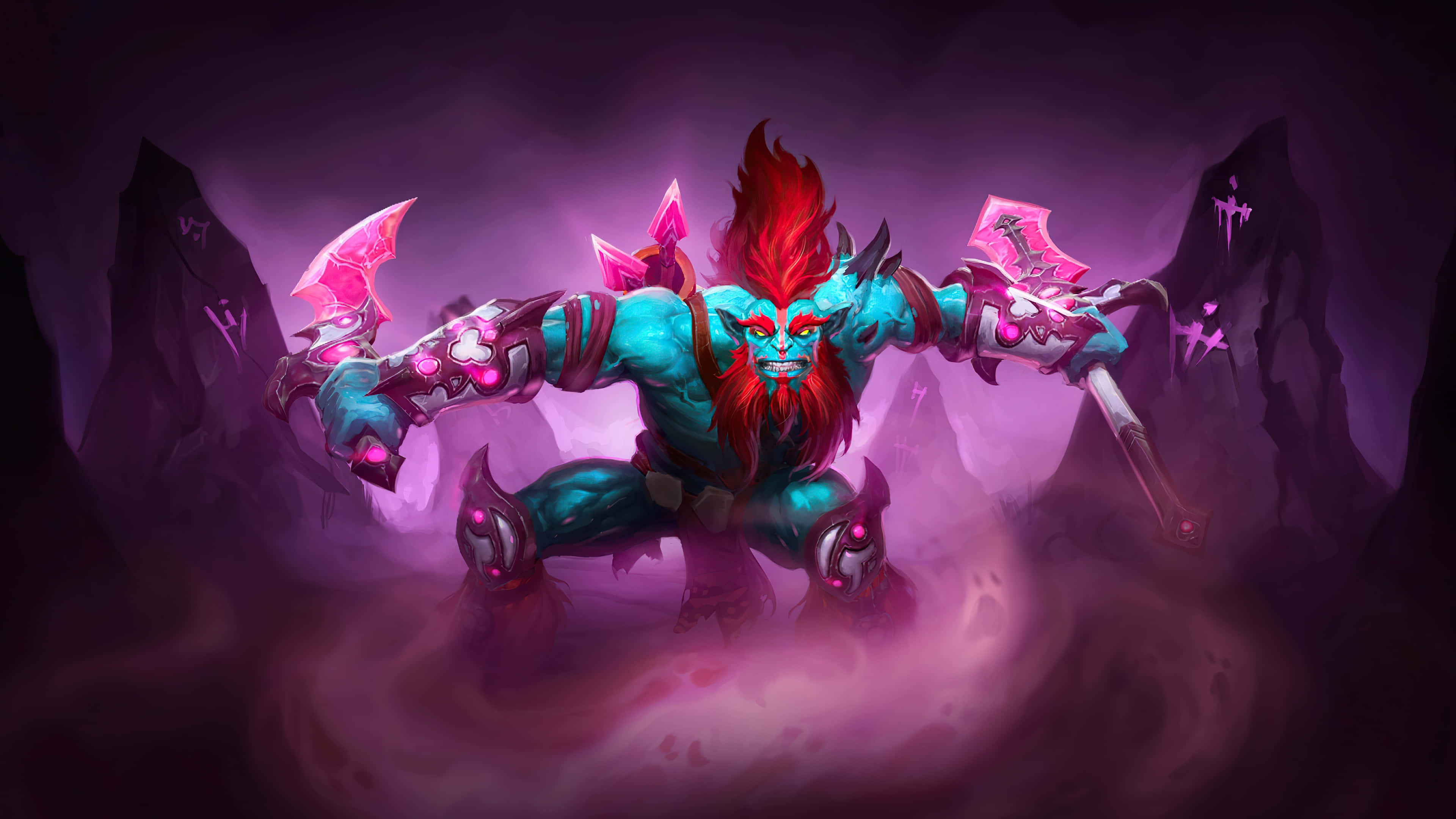 4K Dota 2 背景赫斯卡 壁紙 — 一個肌肉發達、藍皮膚、紅頭髮的惡魔在深紫色洞穴中揮舞著發光的粉紅色斧頭。