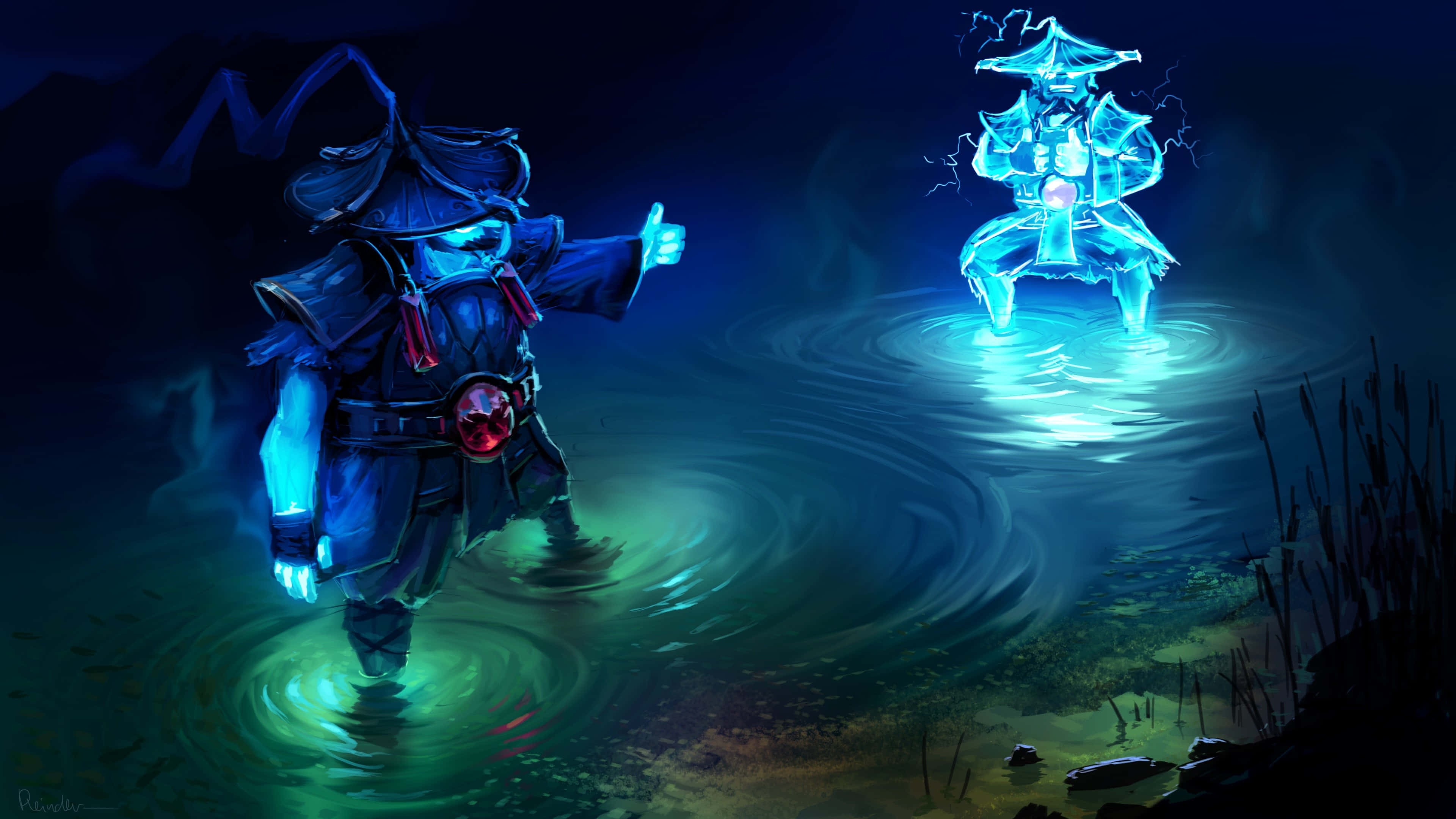 4K Dota 2 背景風暴精靈 壁紙 — 一個身穿暗色長袍的忍者，在月光照耀的沼澤中揮舞著發光的藍色能量，對抗一個幽靈般的冰戰士。