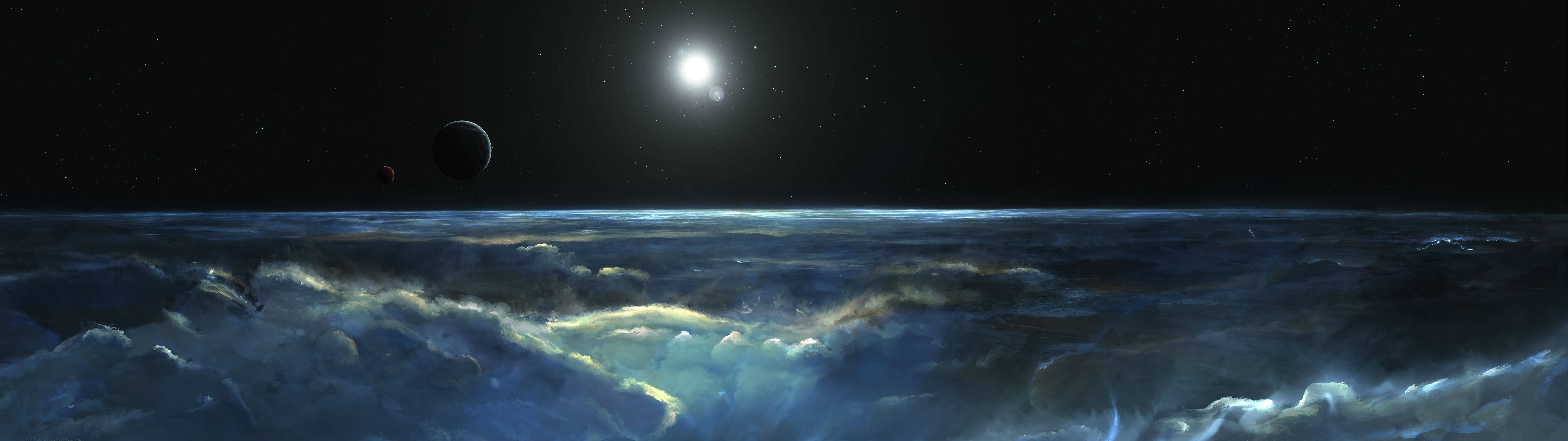 4K雙螢幕數位藝術外太空 壁紙 — 一個宇宙海景，在明亮的星星下有著發光的藍色雲朵，以及星際虛空中的兩顆遙遠行星。