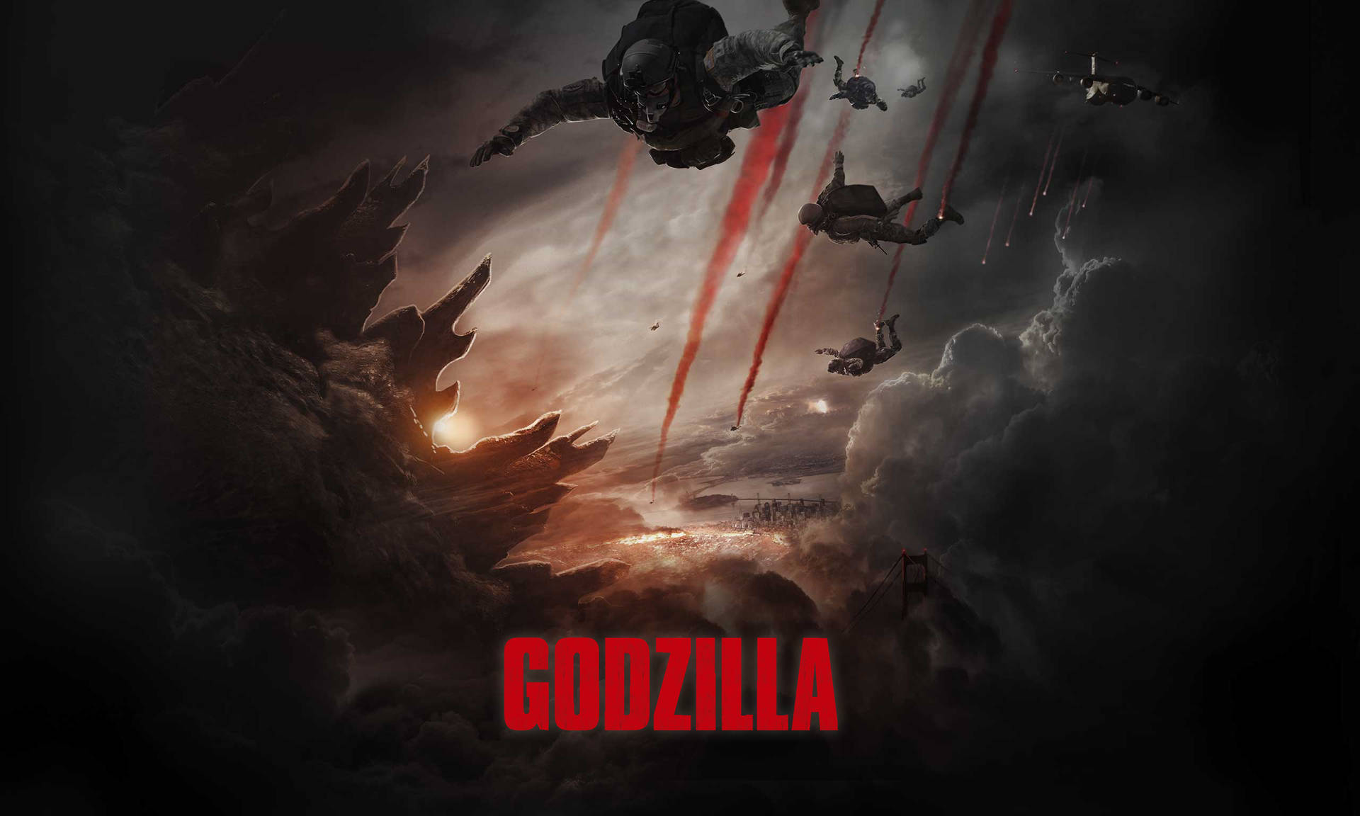 哥斯拉傘降 4K 壁紙 — 巨大的哥斯拉從暴風雲中出現，士兵們在戲劇性的日落天空背景下，穿過火紅色的軌跡墜落。