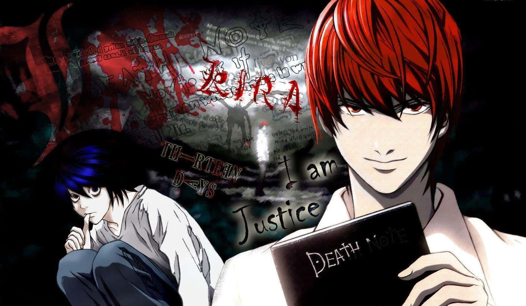 解鎖《死亡筆記本》的祕密，感受這張震撼4K壁紙！ 壁紙 — 兩個動漫角色，一個紅頭髮拿著死亡筆記，另一個藍頭髮蹲在黑暗背景前，有血跡和文字。