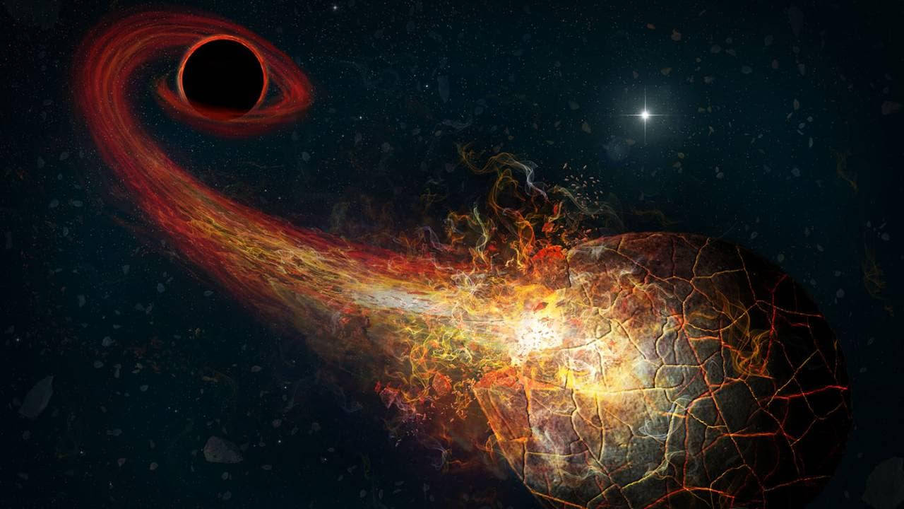 4K黑洞裂縫行星 壁紙 — 一個宇宙奇觀，黑洞在星際虛空中吞噬一顆熾熱行星，周圍環繞著旋轉的等離子體和碎片漩渦。