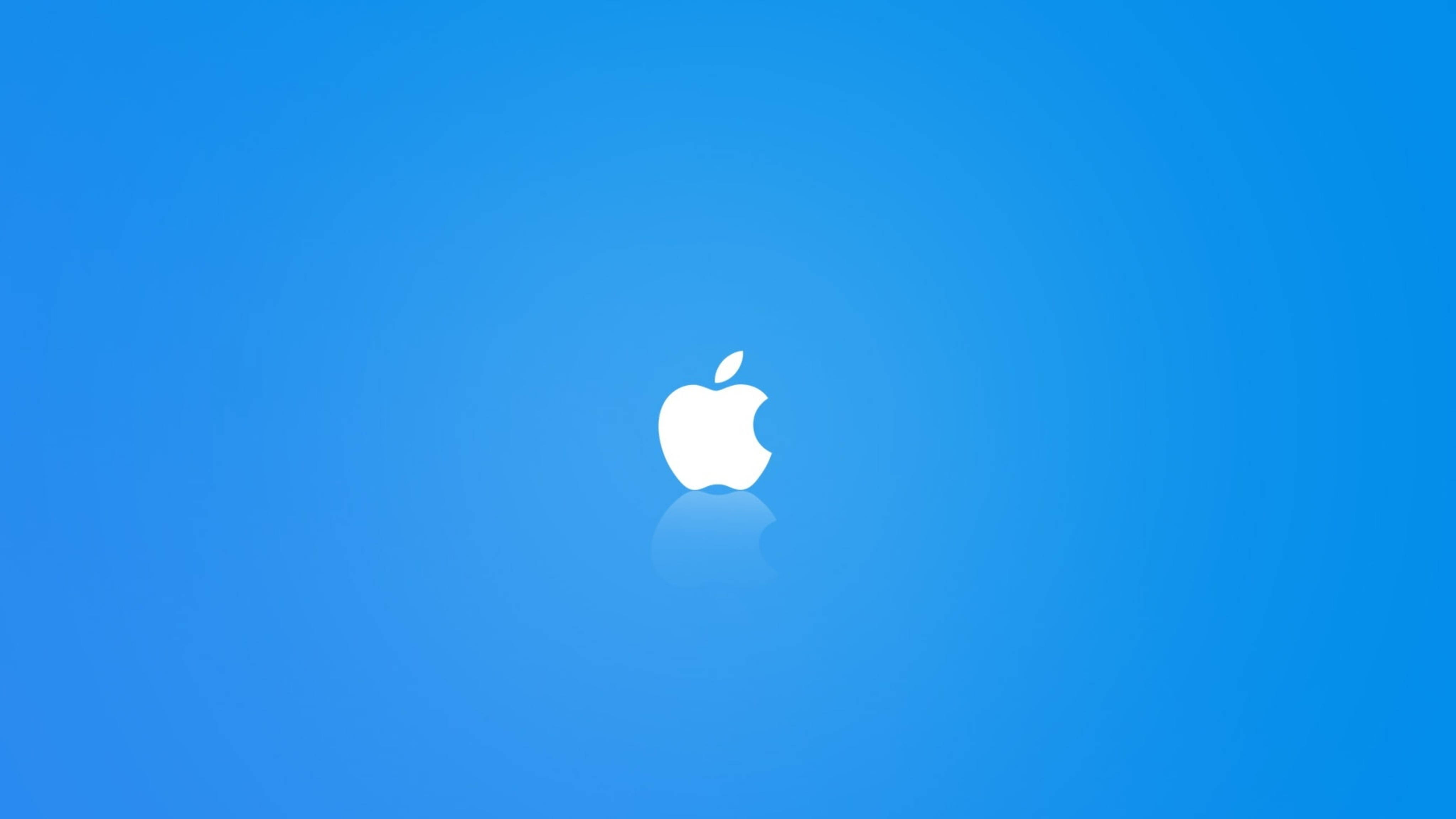 蘋果4K超高清藍色背景壁紙 壁紙 — 一個簡約的白色Apple標誌，居中在漸變藍色背景上，帶有微妙的倒影。