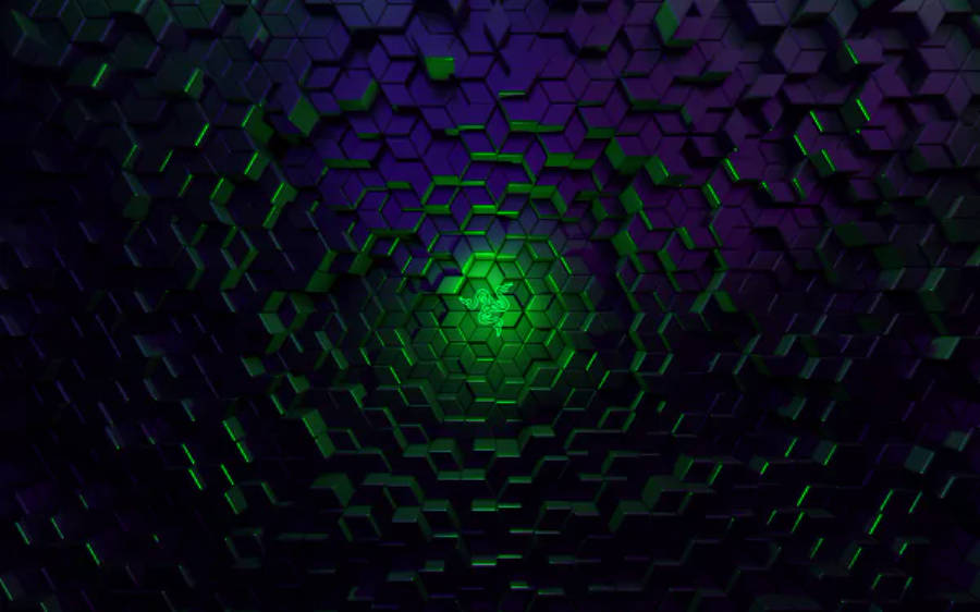 雷蛇方塊 4K 壁紙 — 發光綠色Razer標誌位於由深紫色和黑色六角形瓷磚組成的隧道中央，帶有霓虹綠色邊緣。