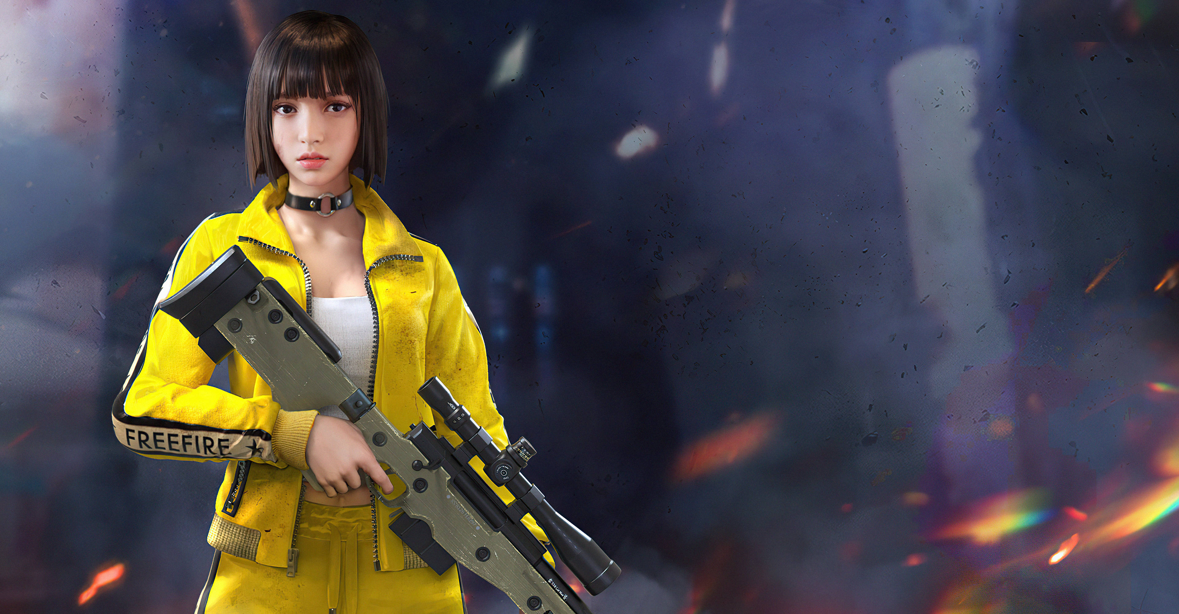 4K Free Fire 角色凱莉步槍 壁紙 — 一位身穿亮黃色外套的兇猛女玩家，在熾熱的爆炸和煙霧中手持狙擊步槍。