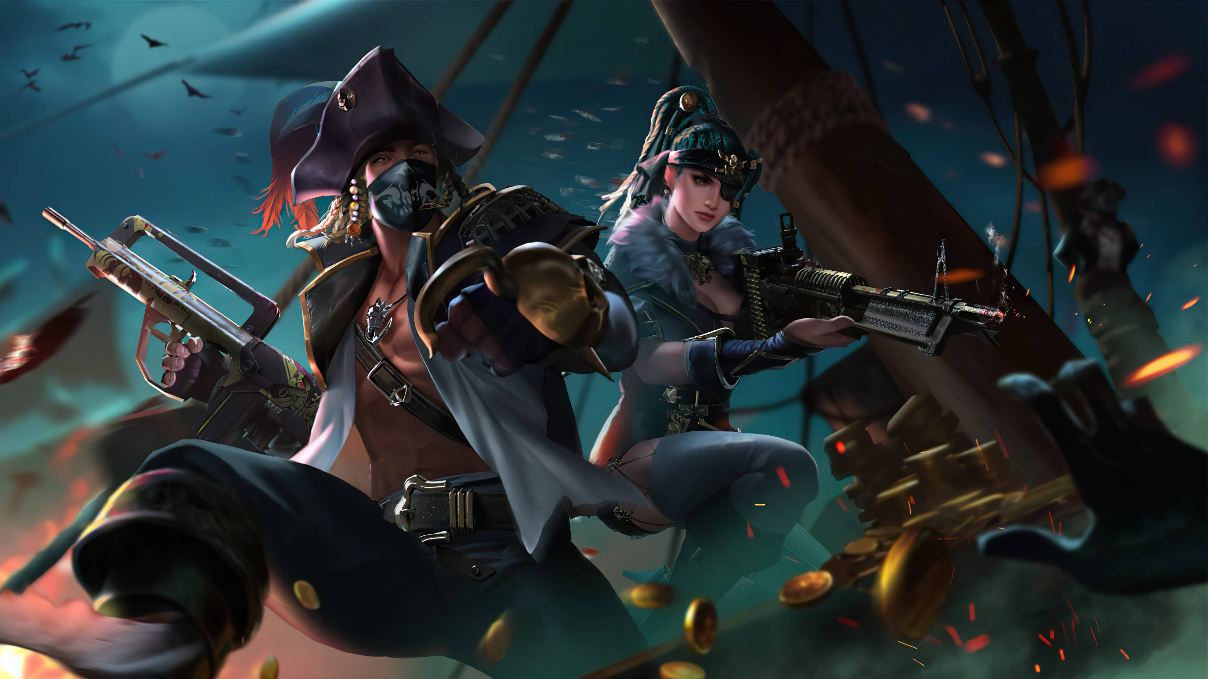 4K Free Fire Garena 幽靈海盜 壁紙 — 兩名身穿戰術裝備的海盜戰士在暴風雨的船甲板上，在飛舞的金幣和火花中開火。