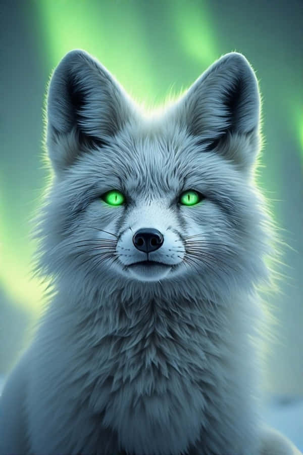 極光映照在北極狐眼中的野生動物4K 壁紙 — 一隻白狐狸的特寫，擁有發光的綠色眼睛，在柔和的綠色和藍色模糊背景前專注地凝視。