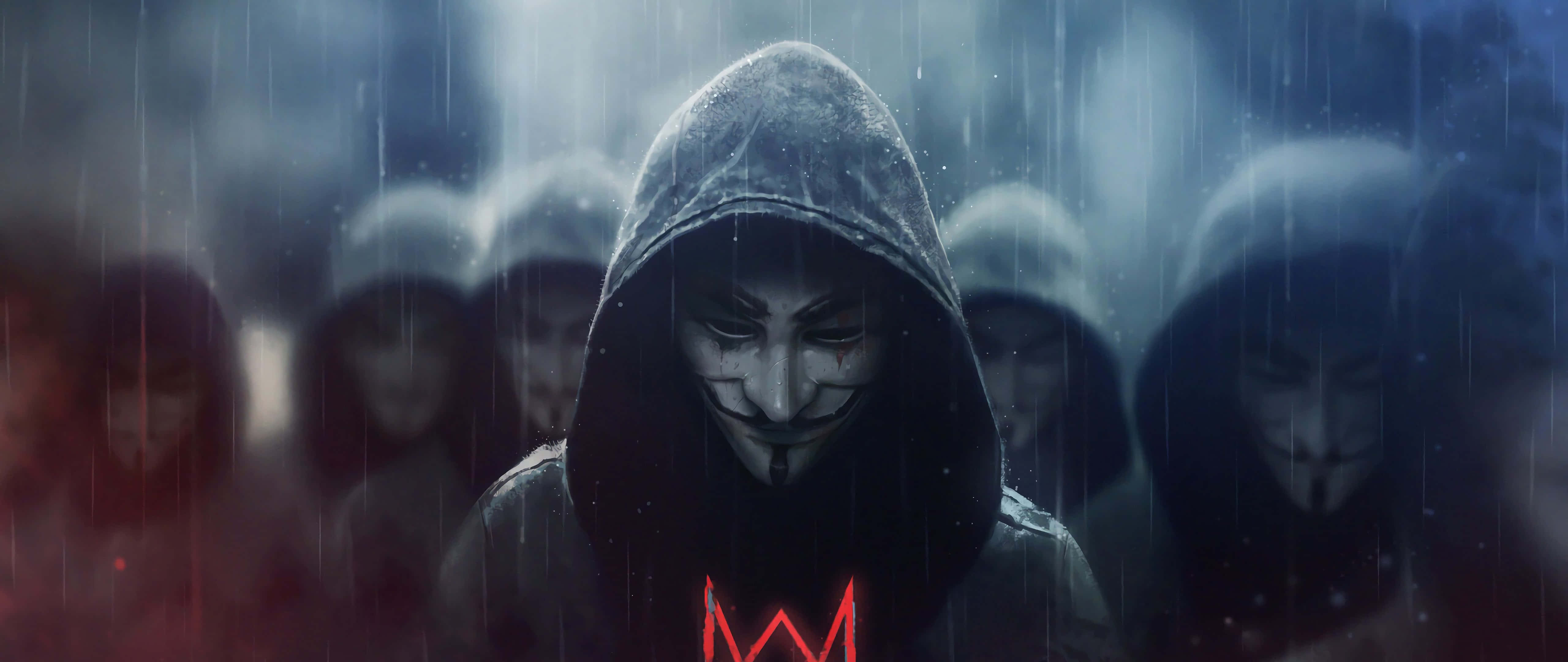 令人屏息的超寬4K風景 壁紙 — 一個戴著蓋伊·福克斯面具的兜帽人物站在雨中，身後有模糊的重影，胸前有發光的紅色符號。