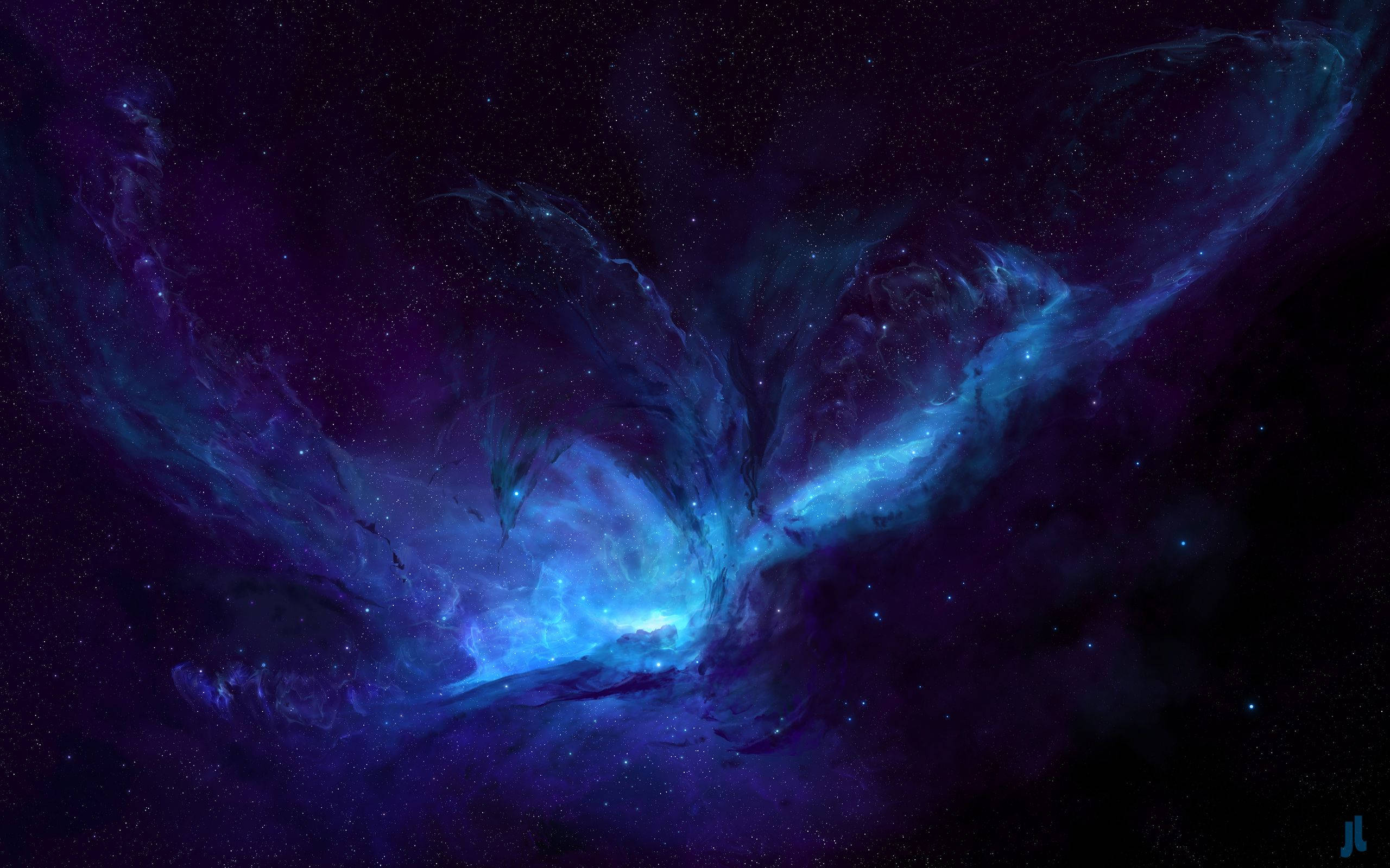 4K 超高清銀河霧狀星氣 壁紙 — 宇宙星雲在深紫色和電光藍色中旋轉，映襯著星場，散發著天體能量。