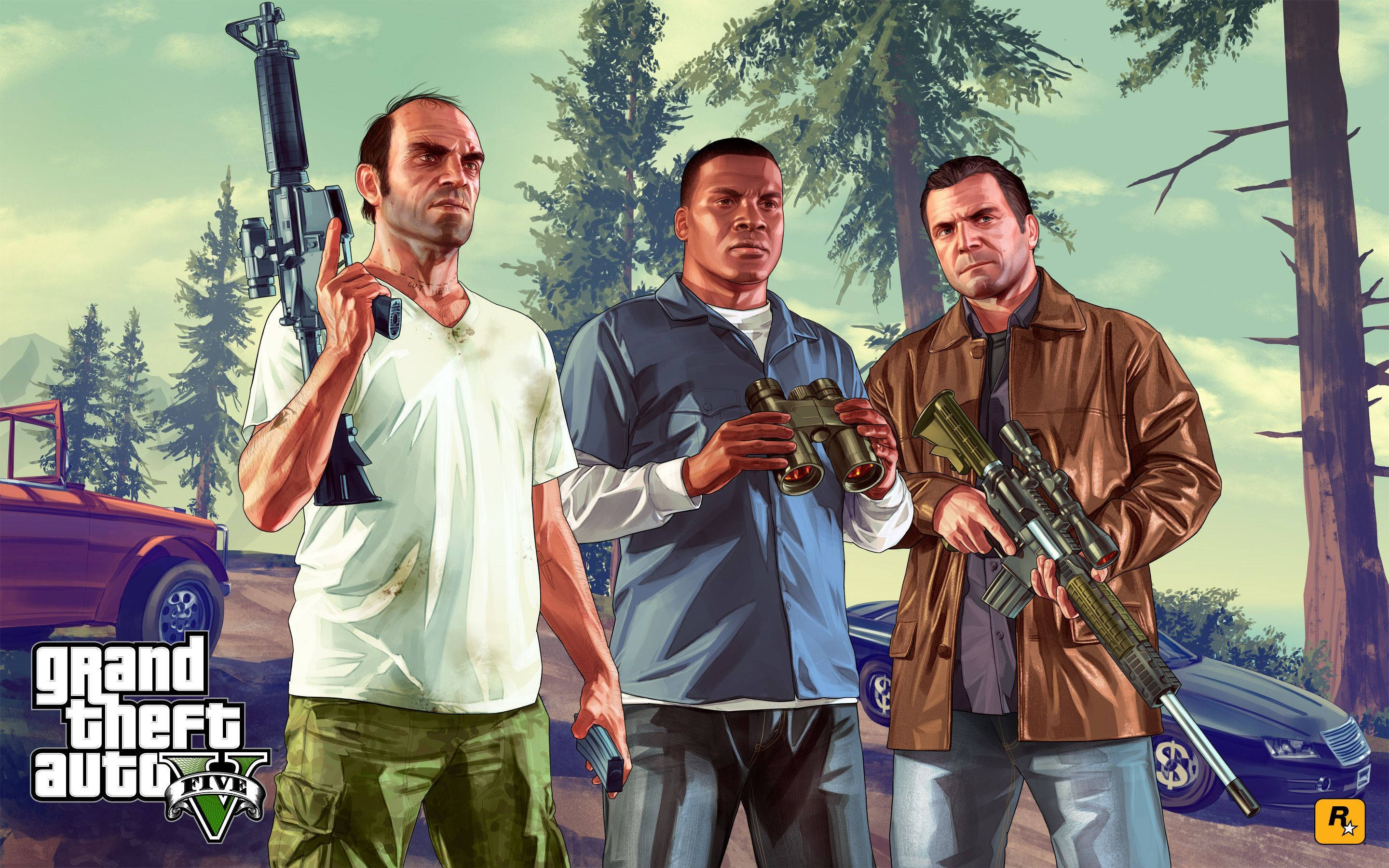 4K GTA 5 三人持槍森林場景 壁紙 — 三名武裝男子在森林中，在明亮的天空下，站在停泊的汽車附近，手持步槍和望遠鏡。