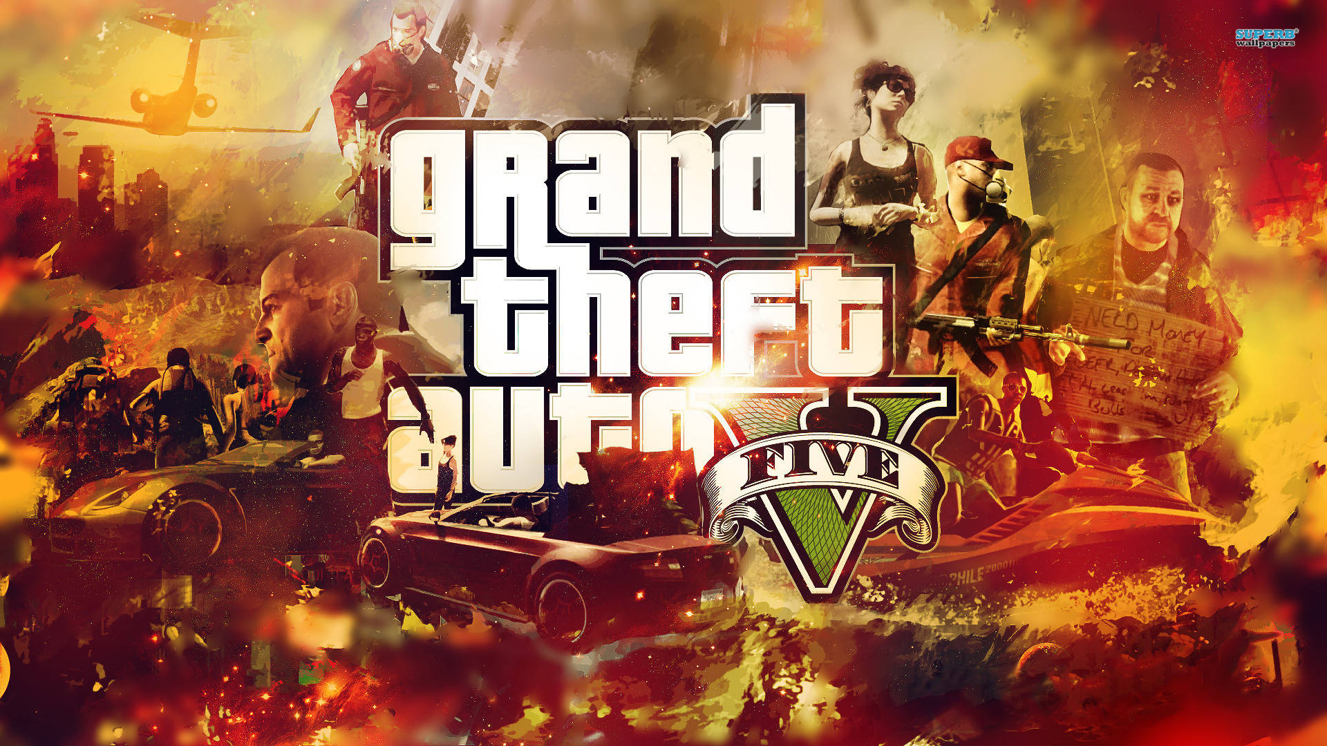 4K GTA 5 火焰場景 壁紙 — 角色、汽車和直升機的猛烈爆炸在混亂的城市場景中圍繞著 Grand Theft Auto V 標誌爆發。