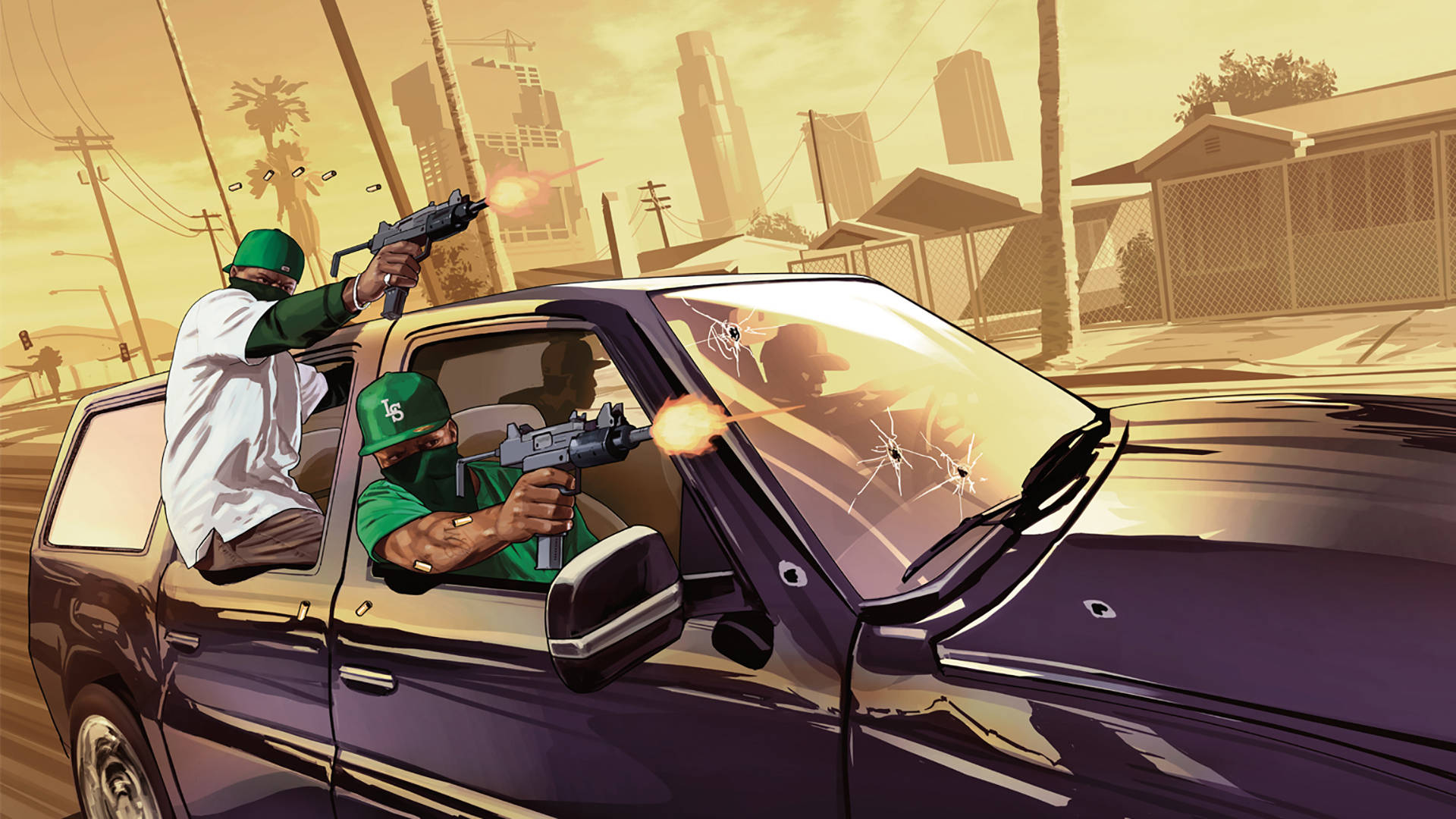 4K GTA 5 綠衣幫派車內開火 壁紙 — 兩名戴綠色帽子的蒙面槍手在日落時分，從一輛疾馳的紫色SUV中，穿過一條骯髒的城市街道開槍射擊。