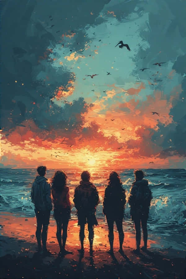 夕陽海岸情誼 4K 壁紙 — 五個剪影朋友站在沙灘上觀看火熱的日落，鳥兒在色彩繽紛的天空中翱翔。