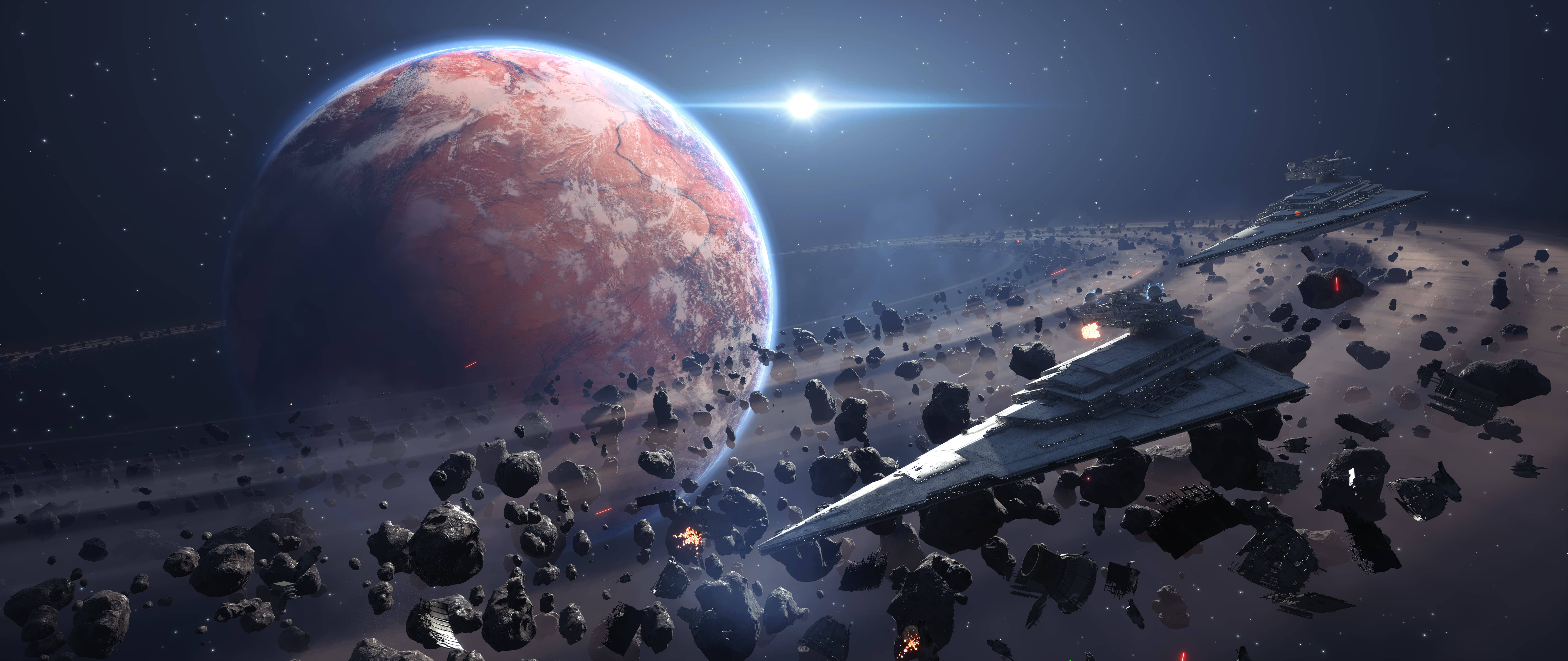 土星小行星帶 4K 壁紙 — 兩艘星際戰機在一顆明亮恆星下，於紅色行星附近的岩石小行星帶中航行。