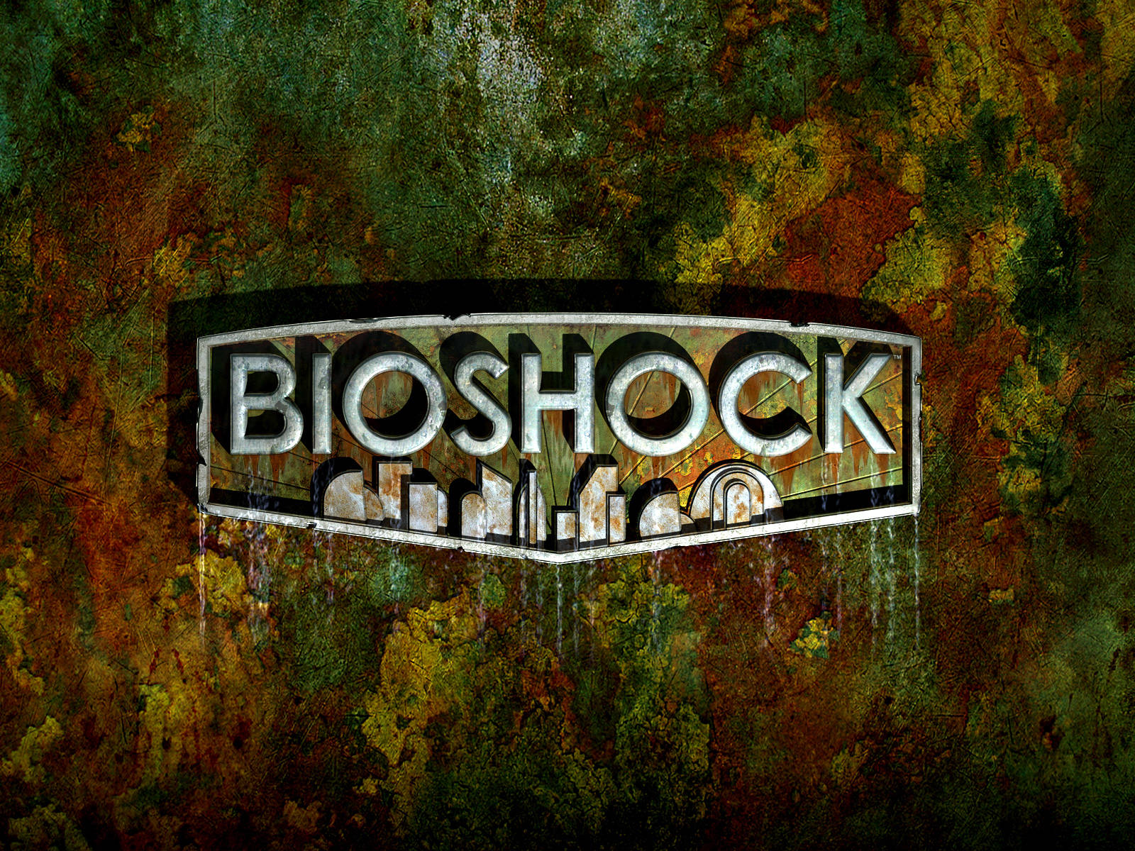 生化奇兵 4K 鐵鏽標誌 壁紙 — Bioshock 標誌在帶有滴水效果的腐蝕生鏽牆壁上閃耀著金屬光澤。