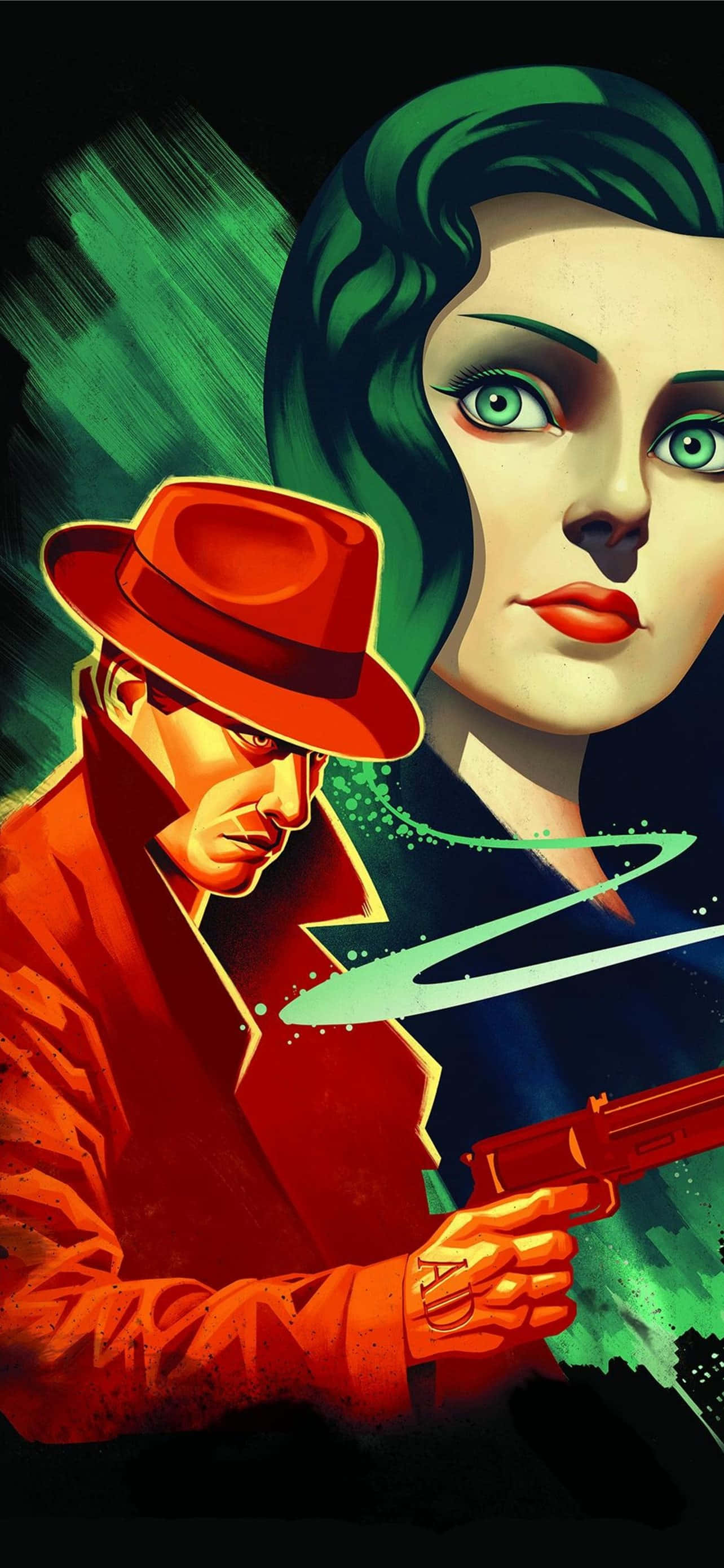 以4K iPhone壁紙進入Bioshock的世界 壁紙 — 一幅風格化插圖，描繪一名戴紅色軟呢帽的男子，在深綠色背景前，用槍指向一名綠髮綠眼的女子。